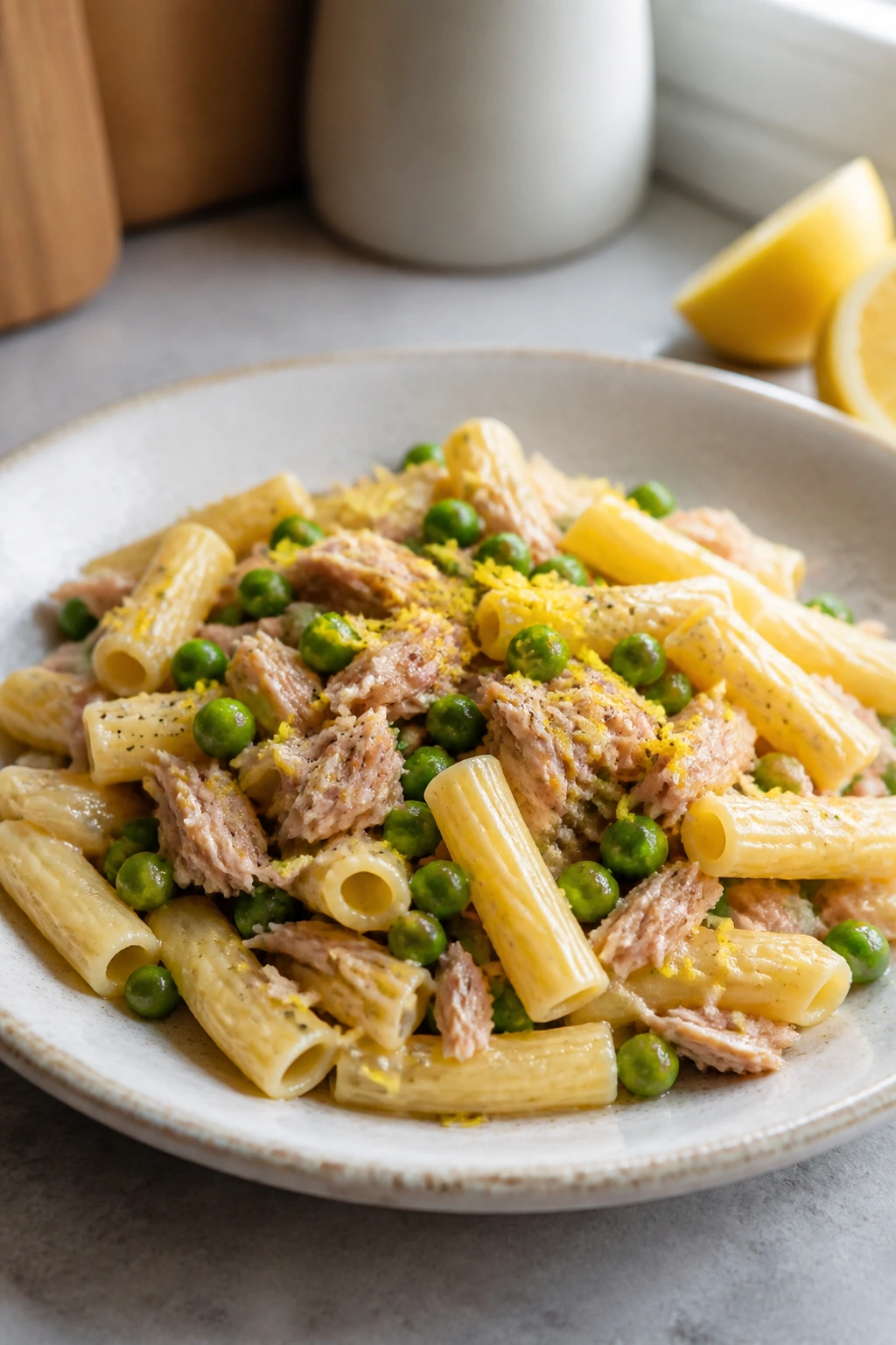 Close-up of tuna pasta with peas and lemon zest on top.