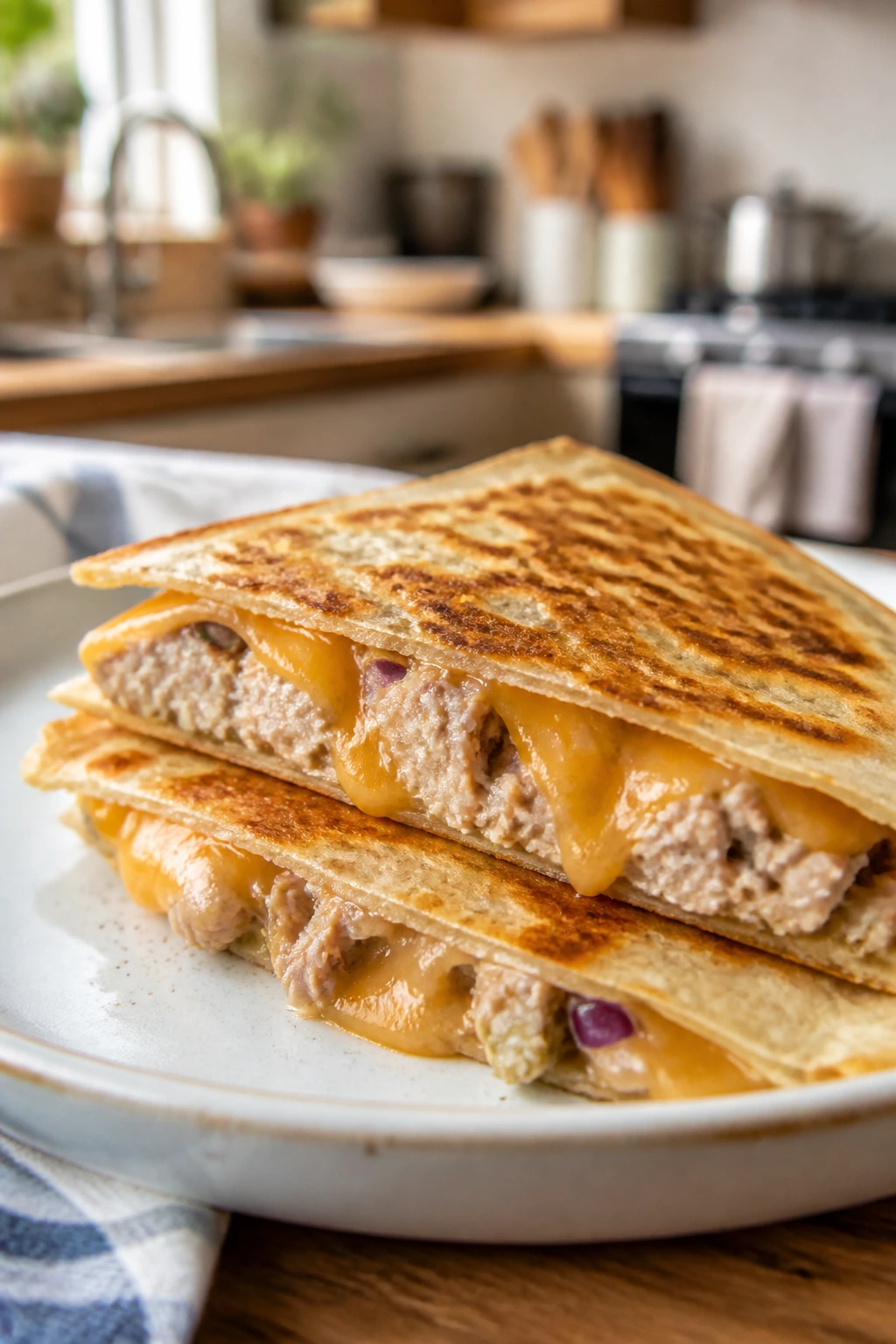 Crisp tuna melt quesadilla with cheese and tuna filling