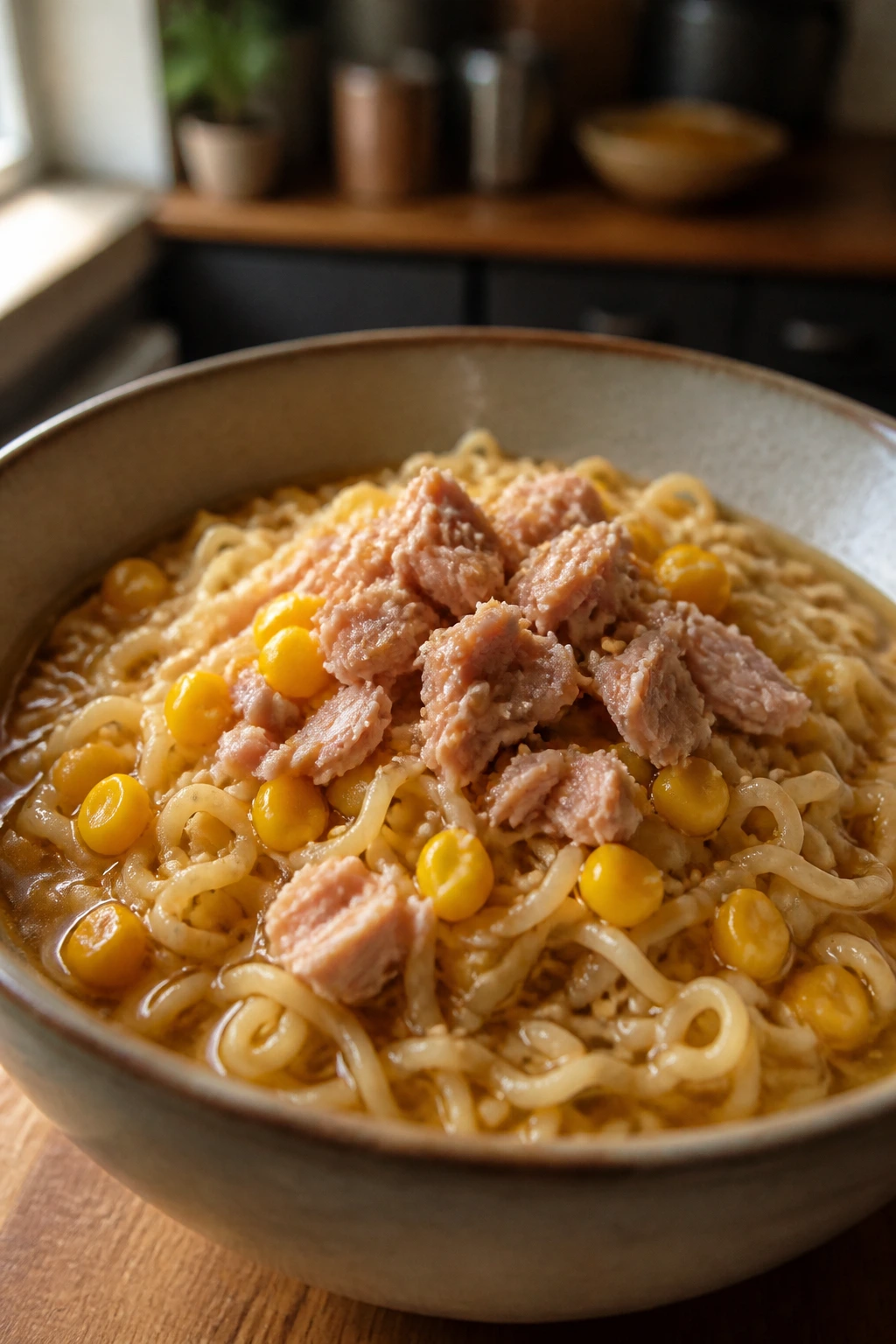 Close-up bowl of sesame tuna ramen with corn kernels