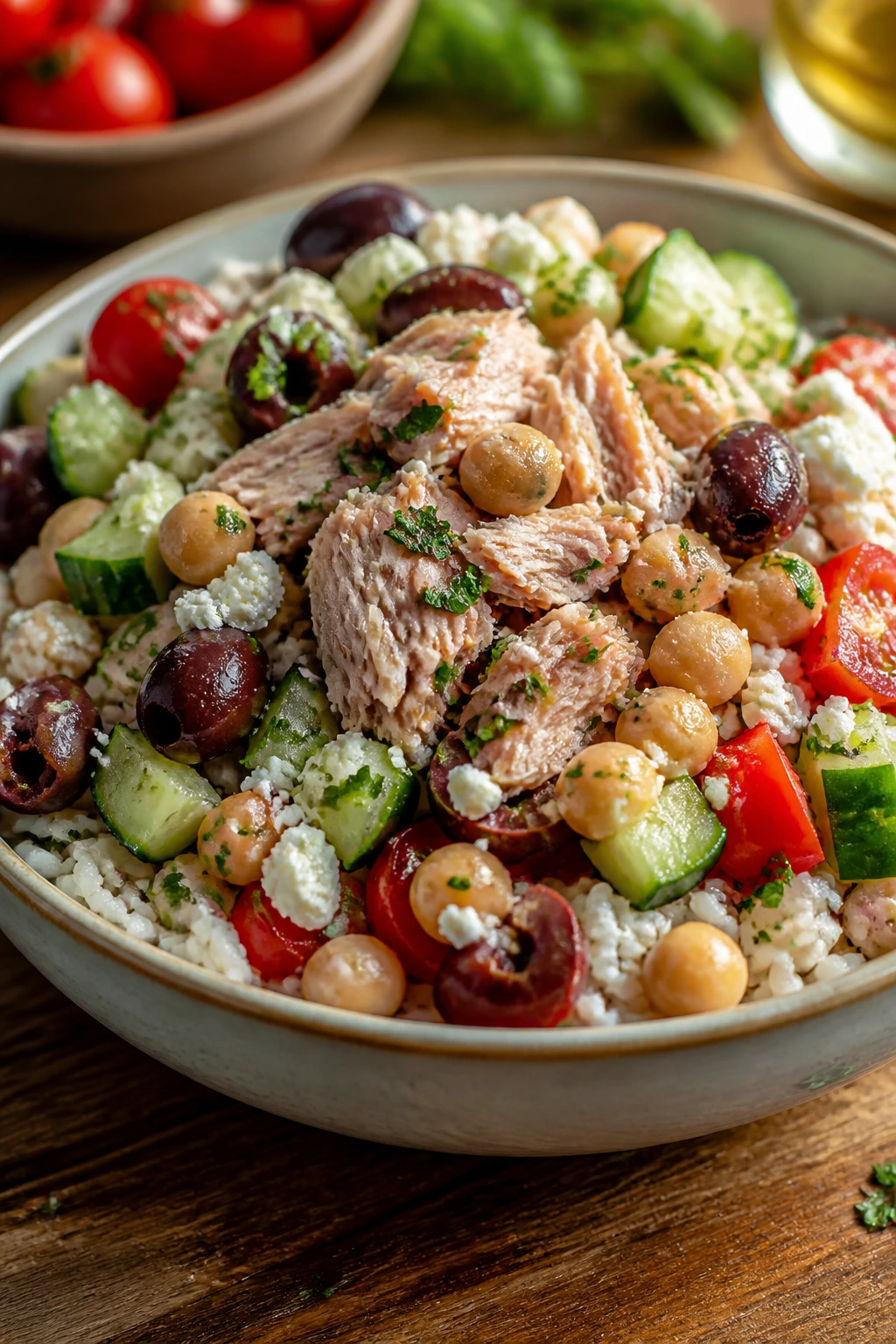 Tuna rice bowl with olives, chickpeas, tomatoes and feta
