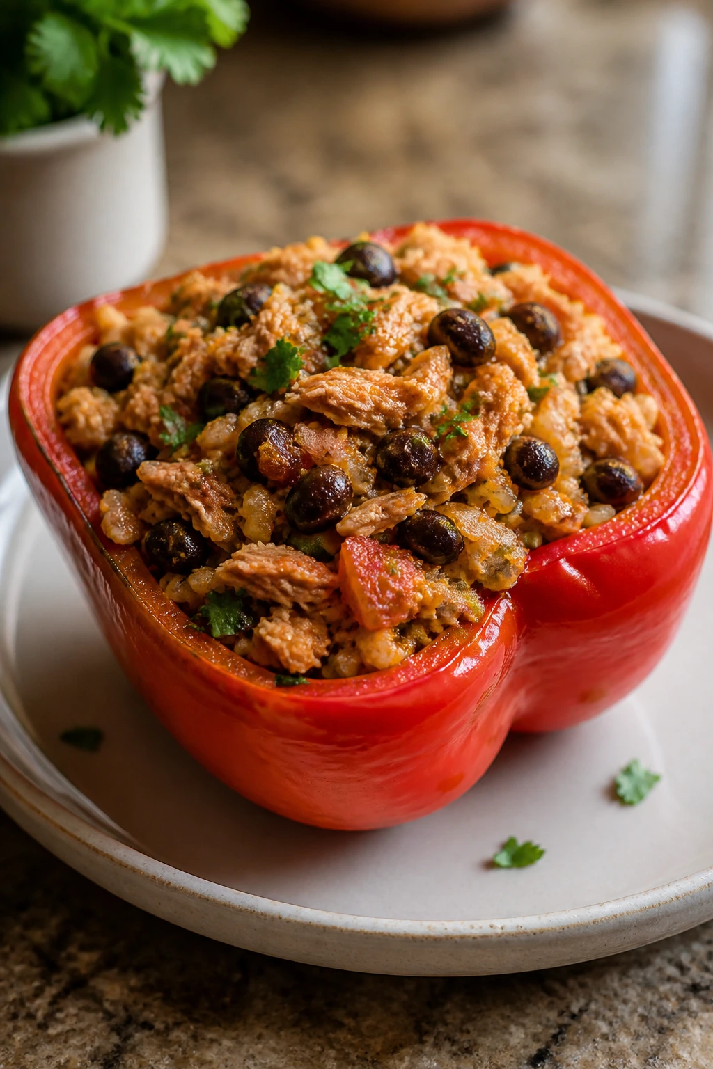 Red stuffed pepper filled with tuna and black beans