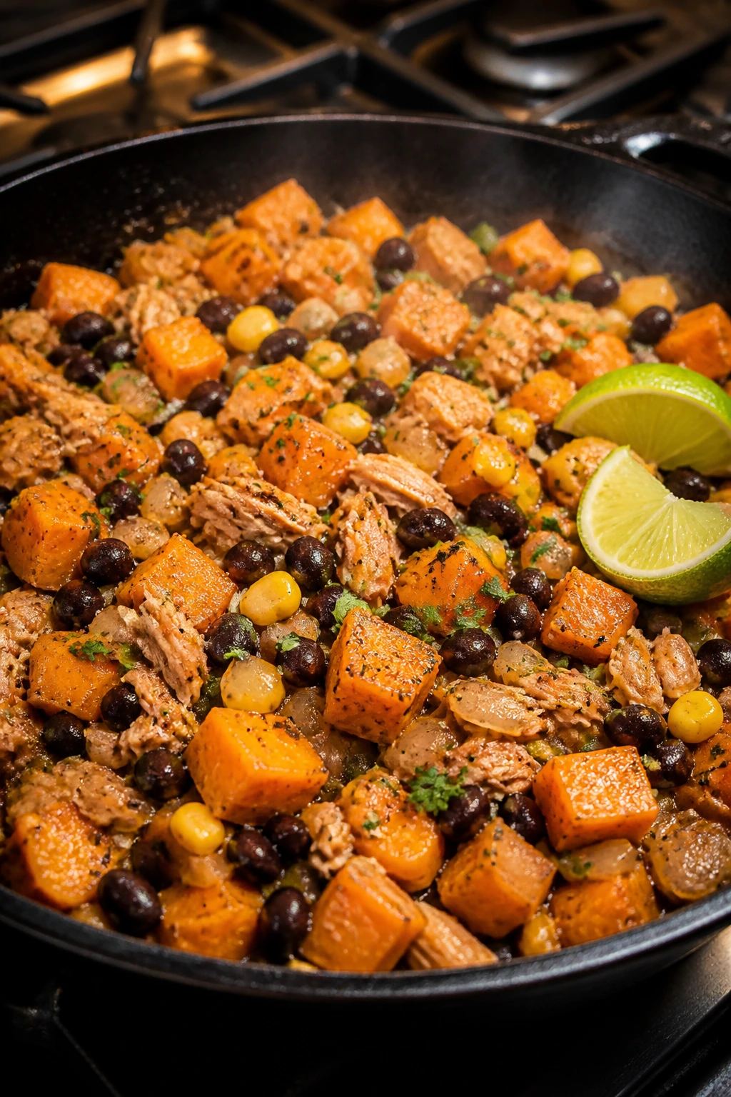 Cast-iron skillet with tuna, sweet potatoes and black beans cooking on a stove