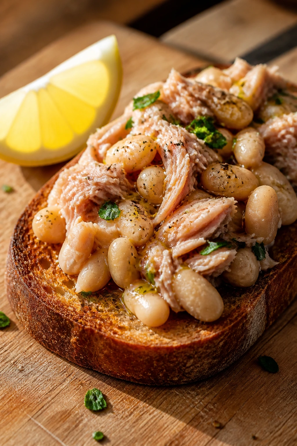 Close-up of tuna and white bean toast with lemon on wooden board