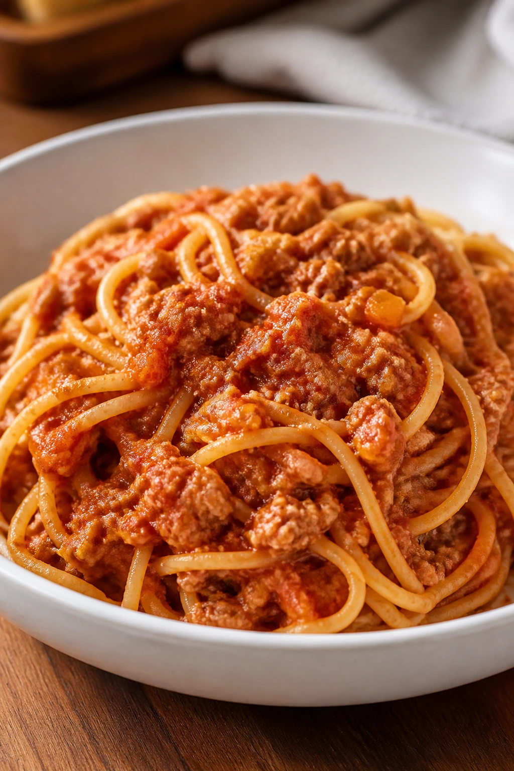 Bowl of turkey bolognese spaghetti with a gentle sauce