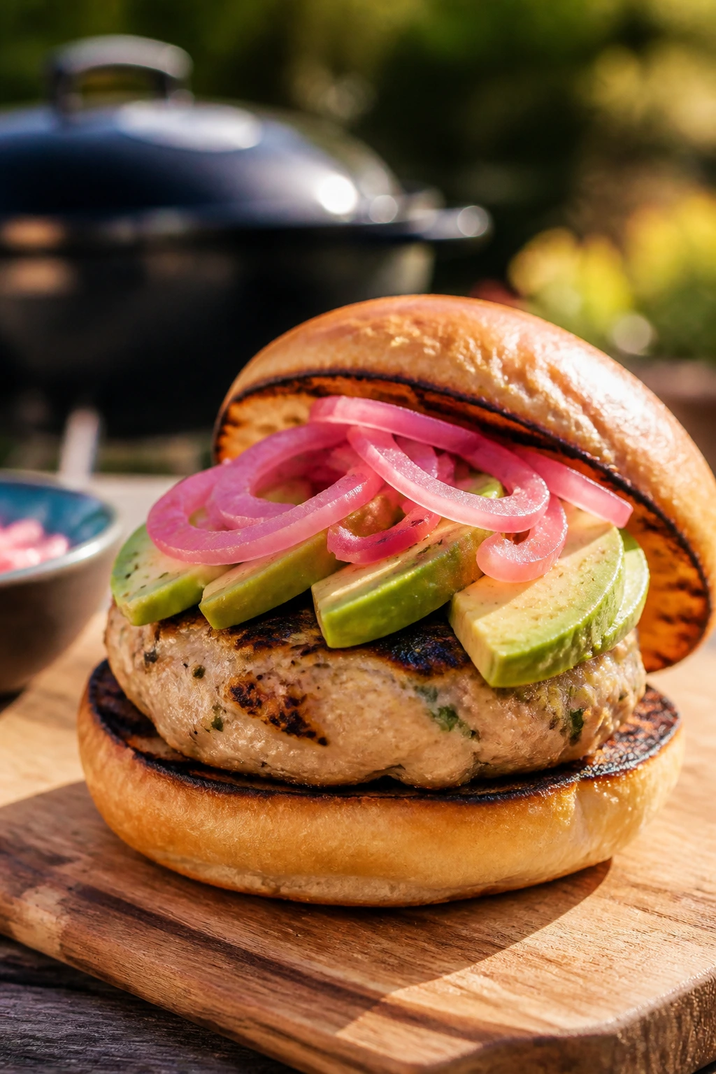 Turkey burger with avocado and pickled onion on bun outdoors