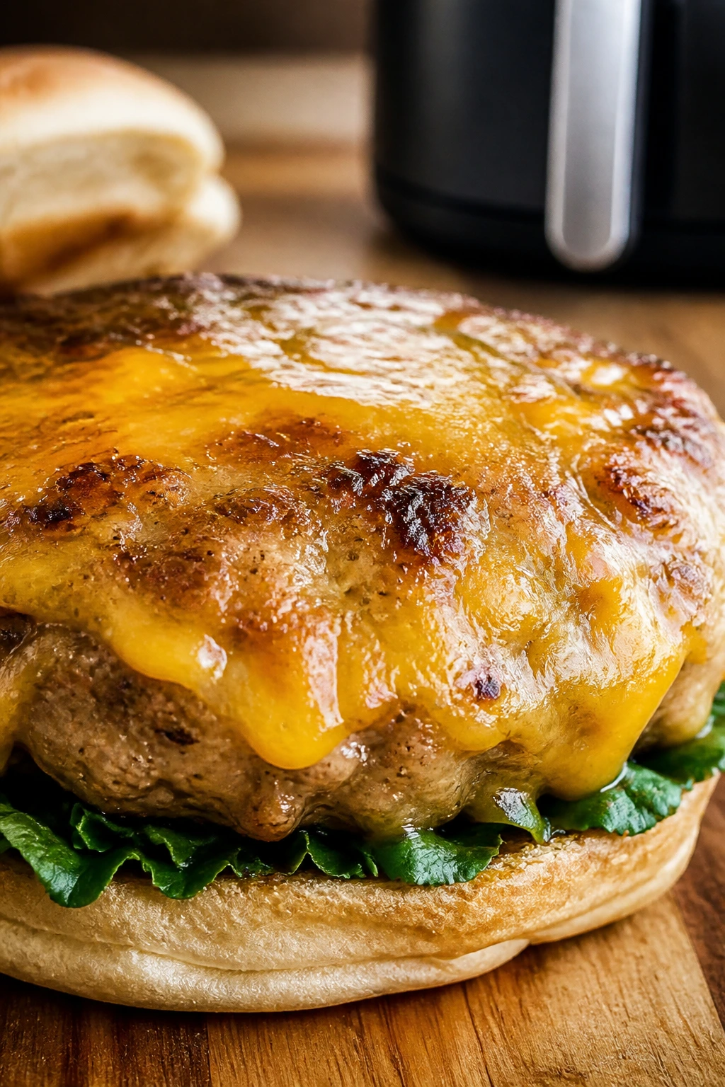 Close-up of a juicy turkey burger with melted cheddar in a warm kitchen.