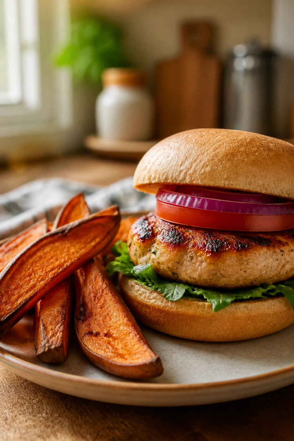 Close-up of turkey burger and sweet potato wedges on a plate in a warm kitchen