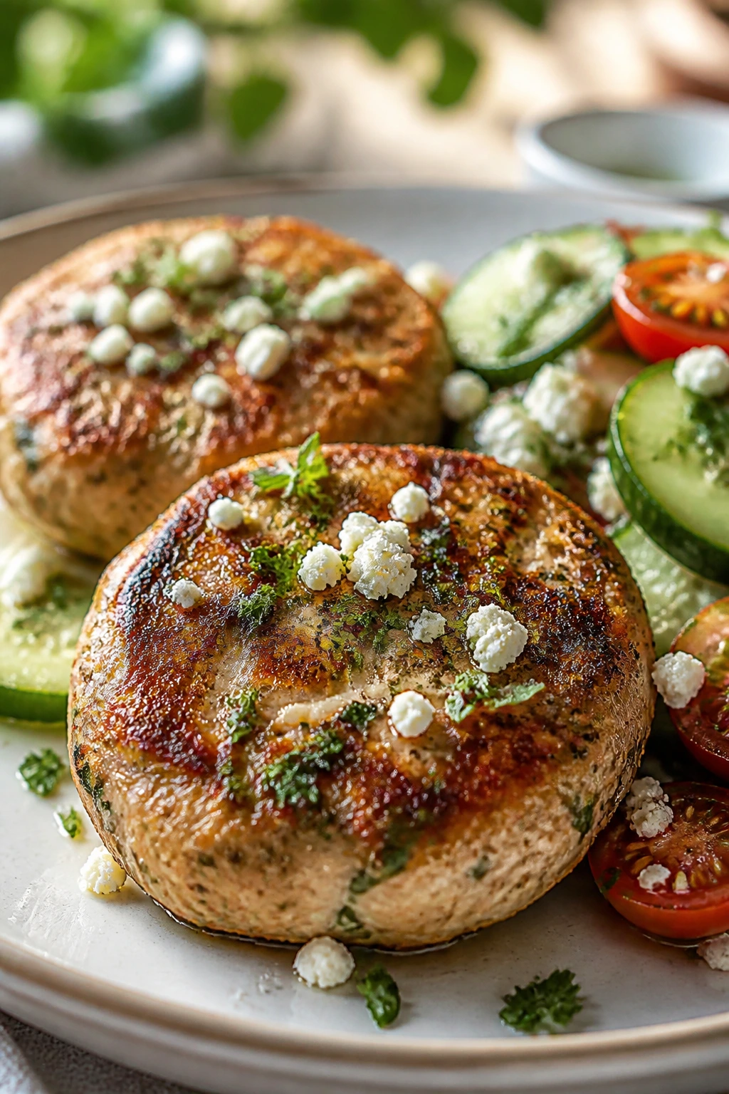Mediterranean turkey burgers with cucumber salad on plate
