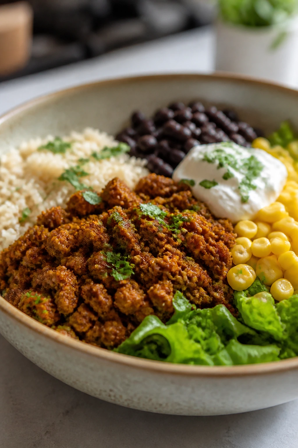 Close-up of turkey burrito bowls with rice and beans in a bright kitchen
