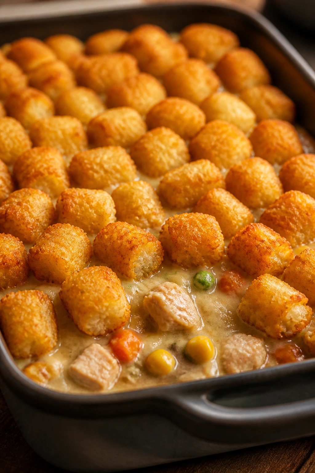 Golden crispy tater tots topping a turkey casserole in a baking dish