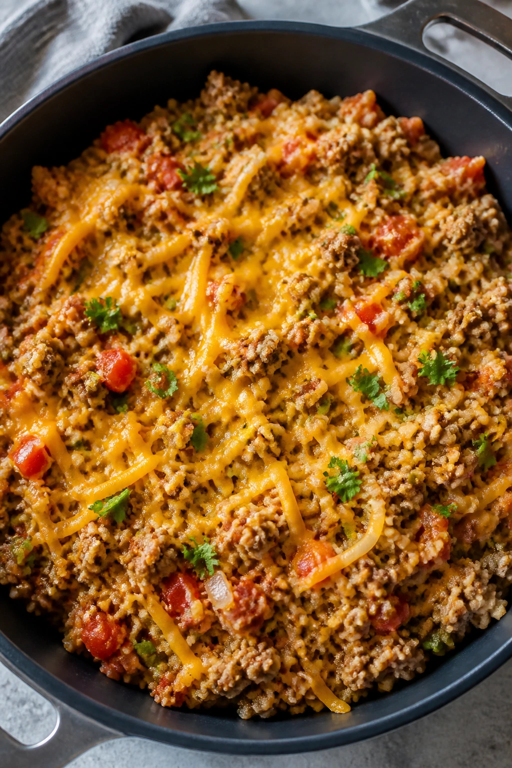 Close-up of turkey taco skillet with cauliflower rice and tomatoes