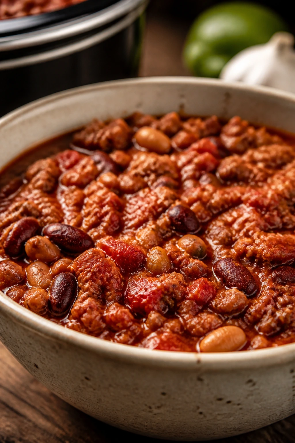 Bowl of turkey chili with beans and tomatoes