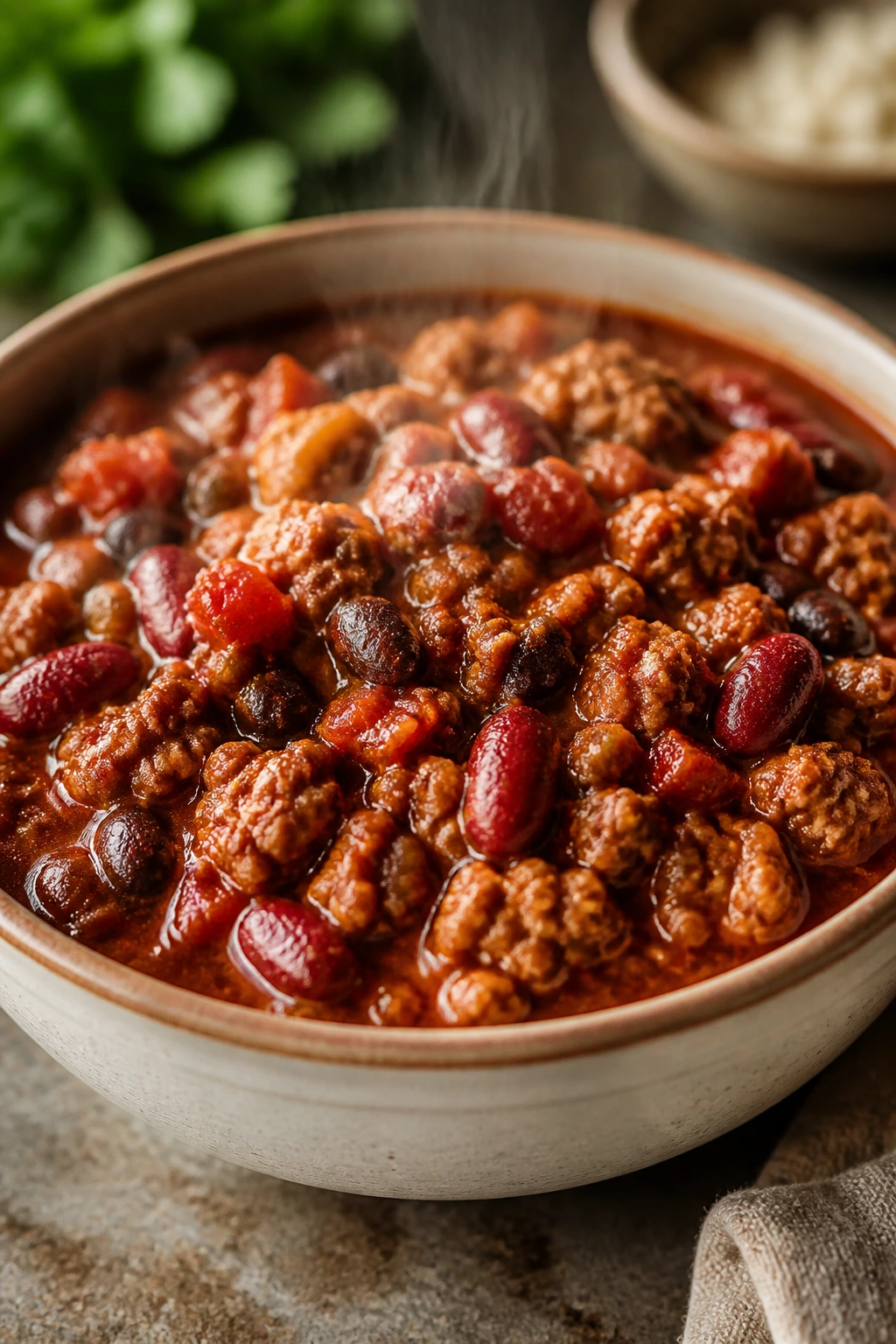 Close-up of turkey chili with beans in a bowl