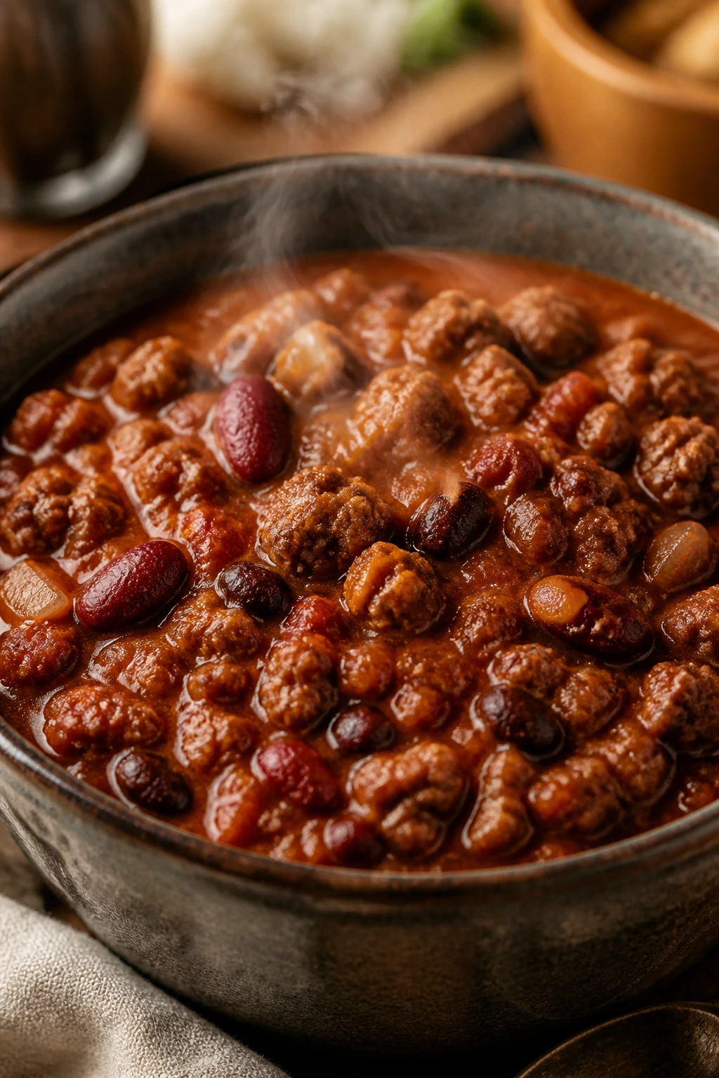Steaming turkey chili with beans in a rustic bowl