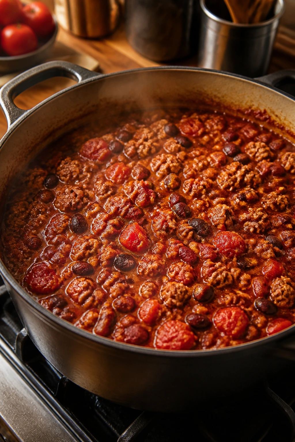Large pot of turkey chili simmering on stove