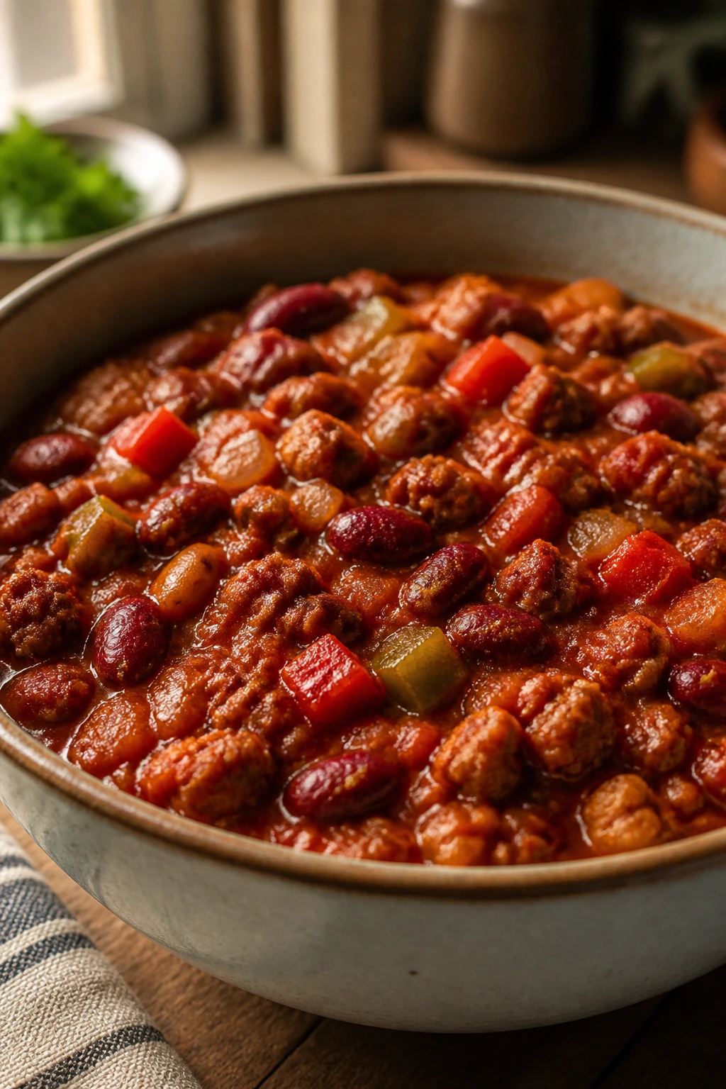 Close-up of Classic Turkey Chili in a bowl with beans and peppers