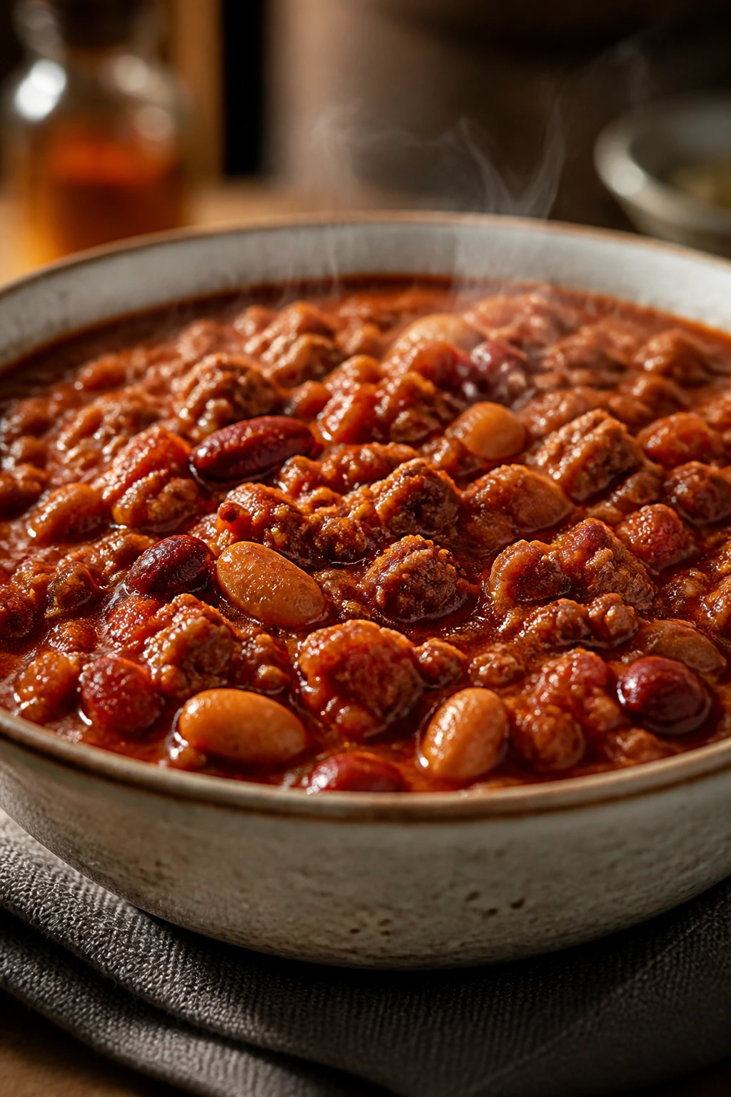 Steaming bowl of turkey and bean chili with turkey and beans
