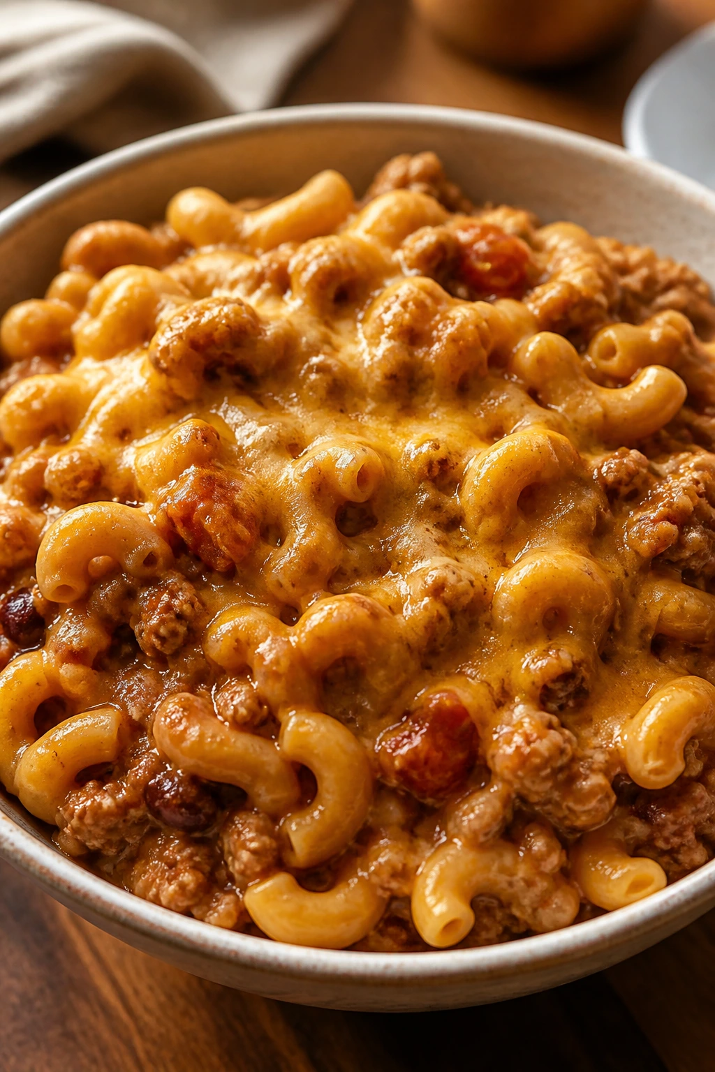 Turkey chili mac in a cozy bowl on a kitchen table.