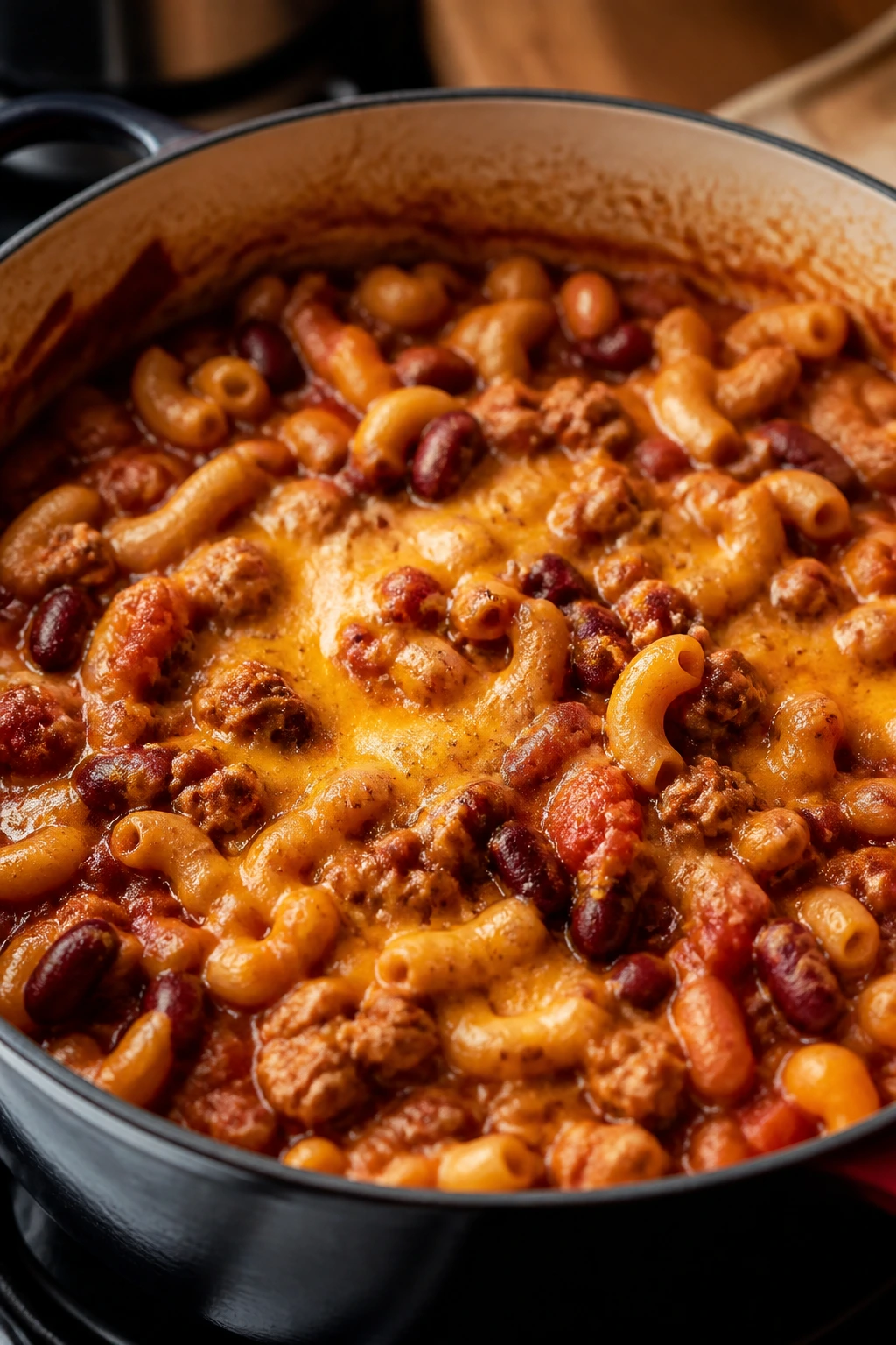 Turkey chili mac in a pot with cheese and beans