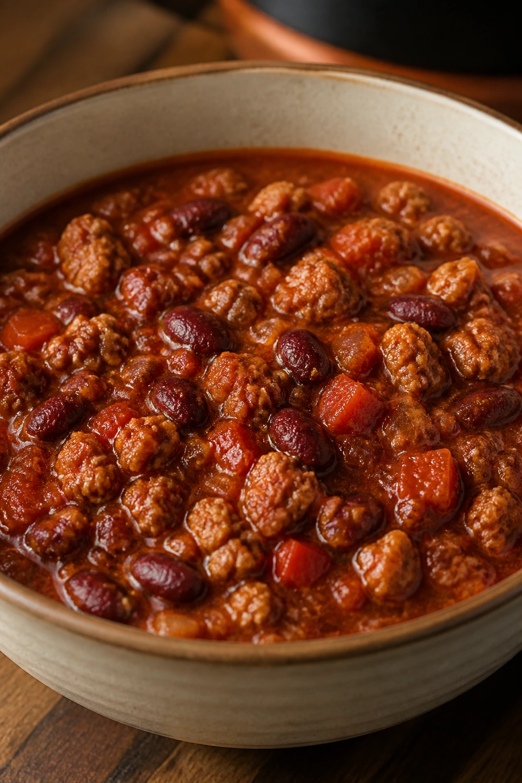 Close-up of turkey chili in a bowl with beans and tomato-like broth.