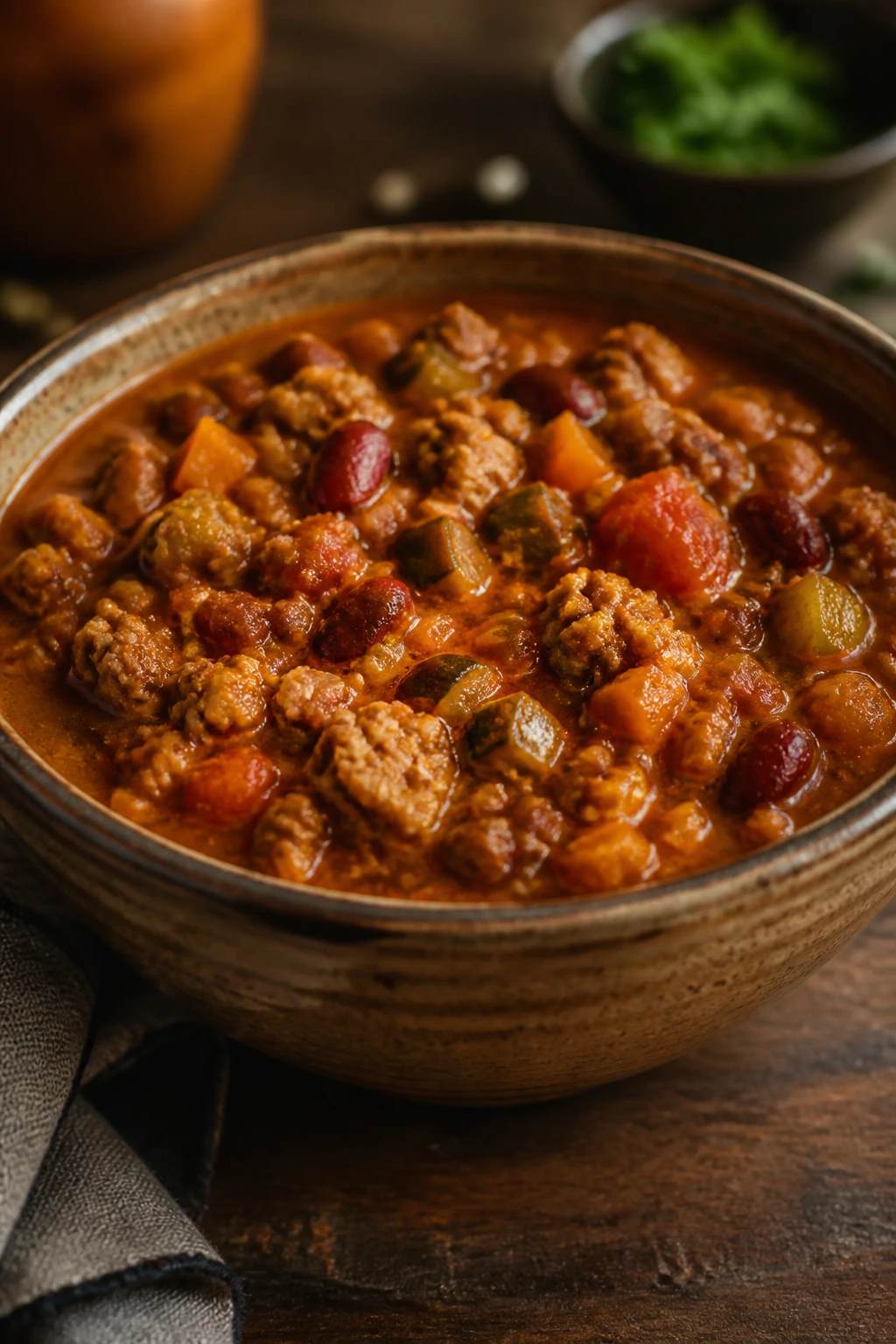 Thick turkey chili with beans and vegetables in a rustic bowl