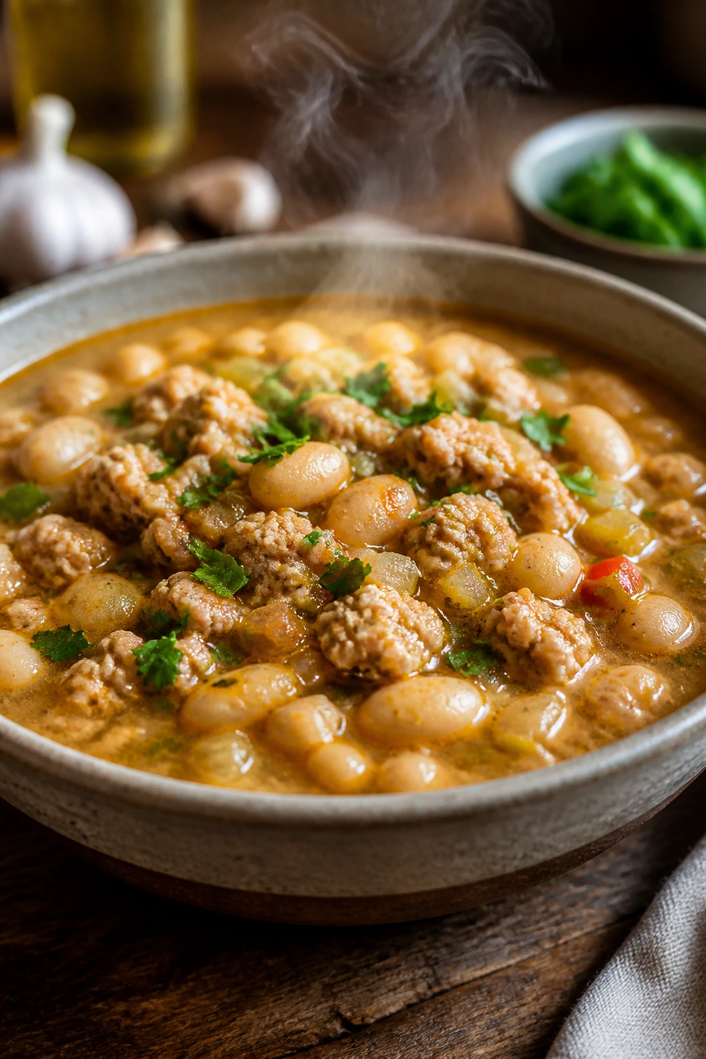 Steaming turkey and white bean chili in a bowl.