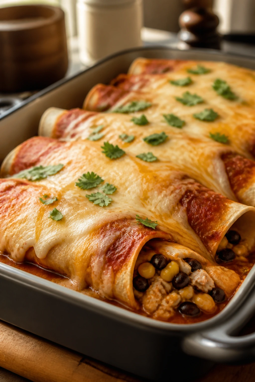 Pan of turkey corn black bean enchiladas topped with red sauce and cheese