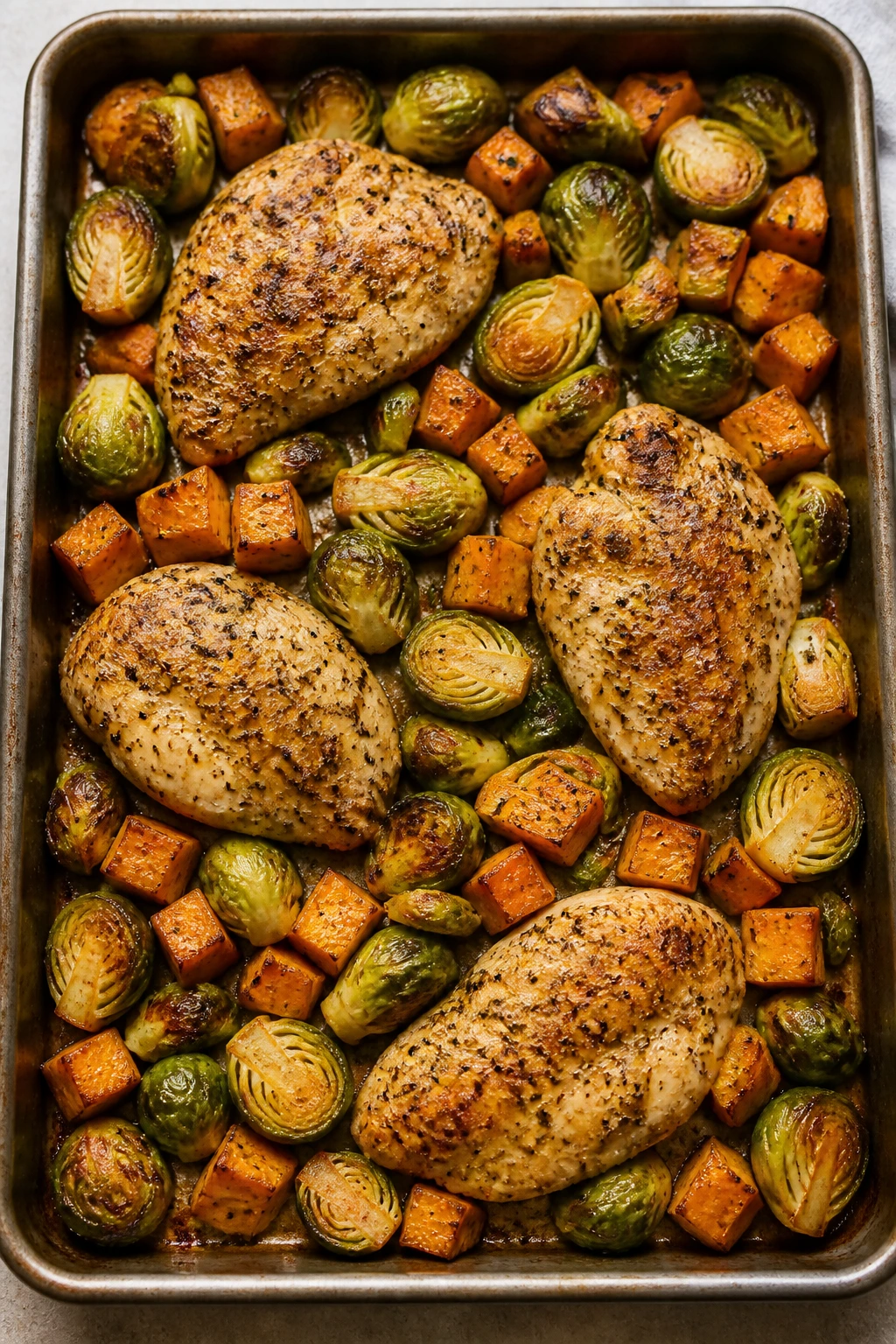 Sheet pan with turkey cutlets, Brussels sprouts, and sweet potatoes