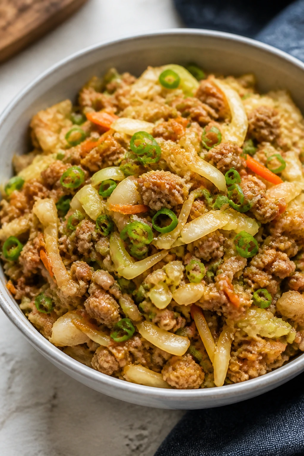 Turkey egg-roll in a bowl with cabbage and vegetables in a bowl