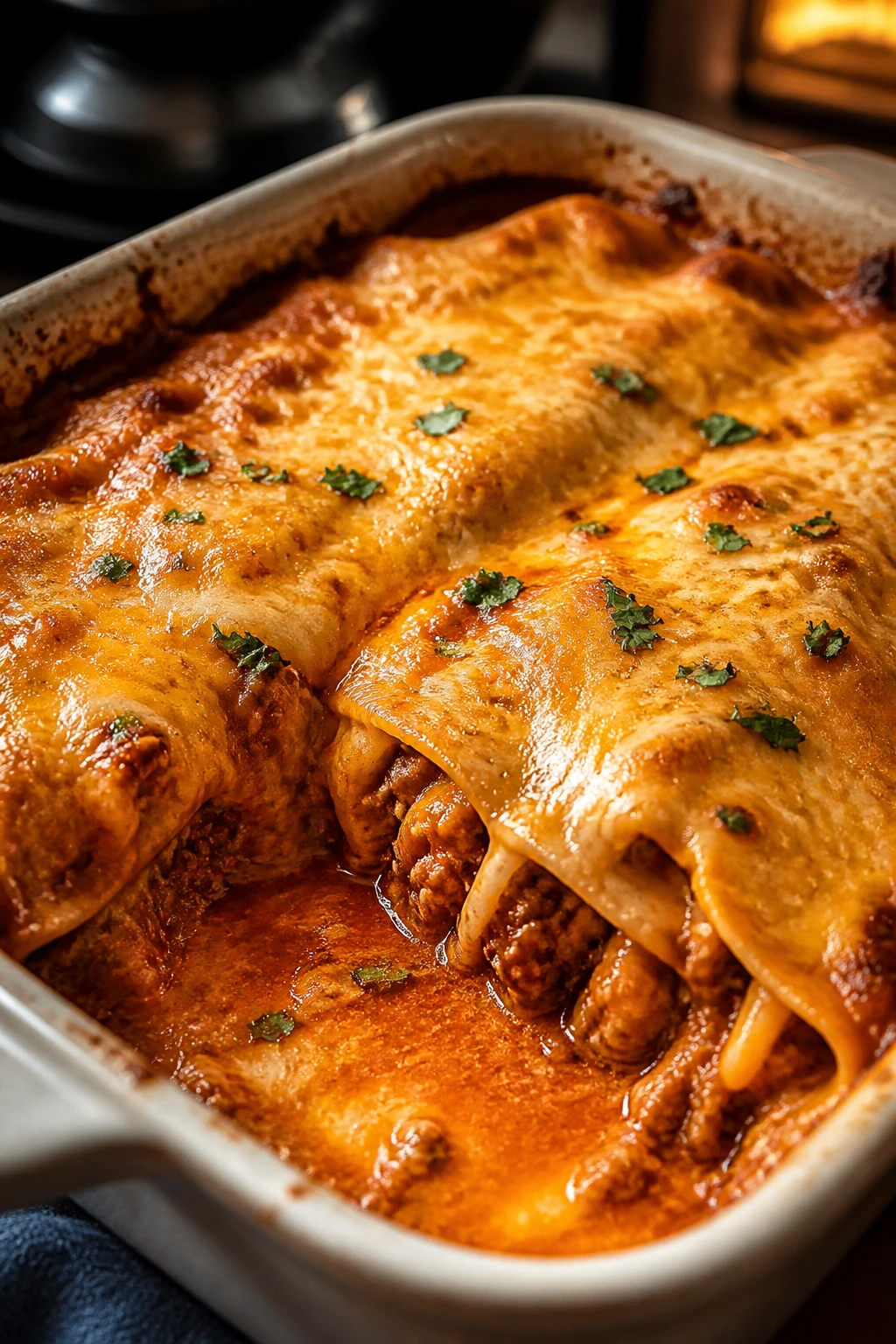 Bubbling turkey enchilada bake with melted cheese
