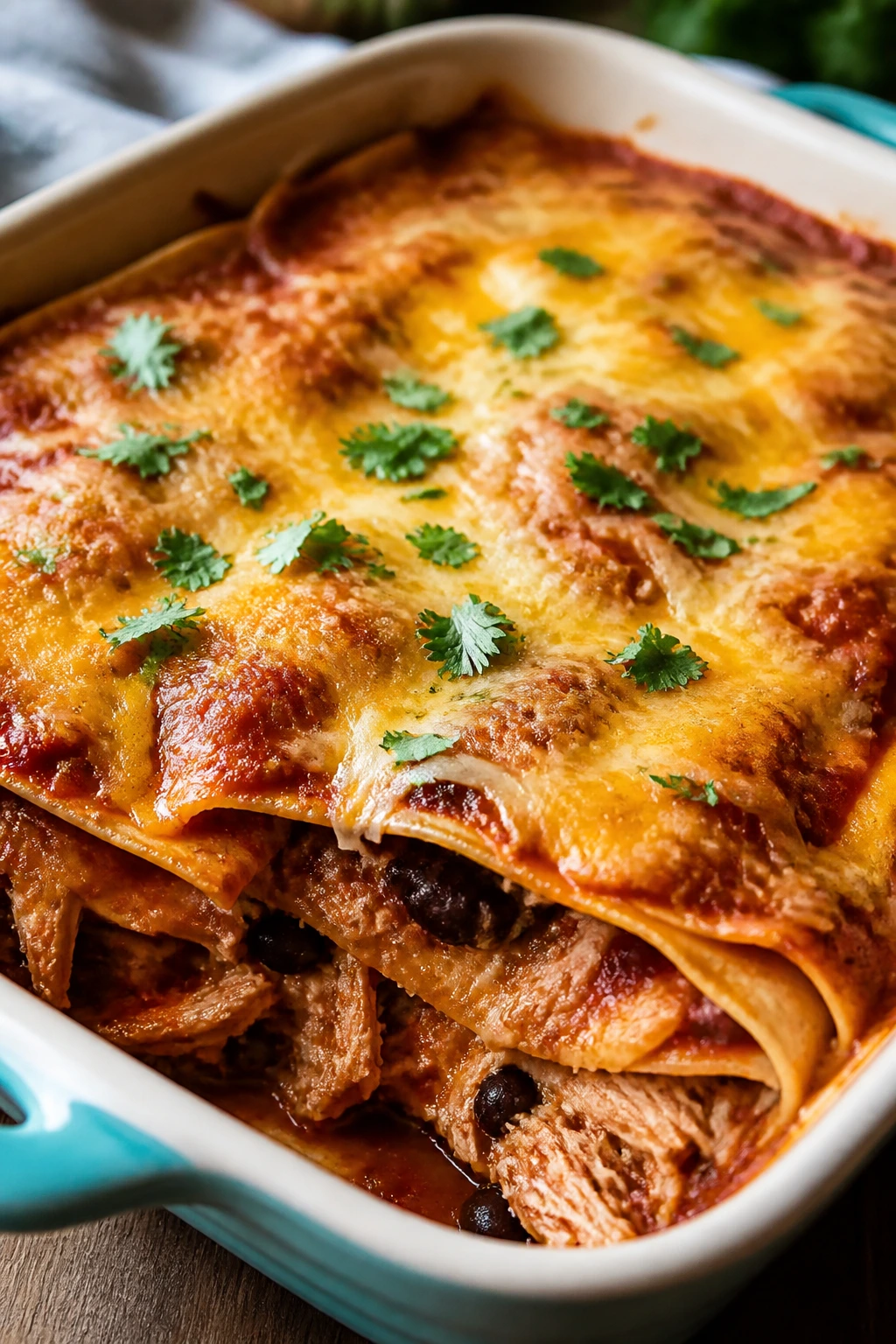 Layered turkey enchilada casserole with cheese