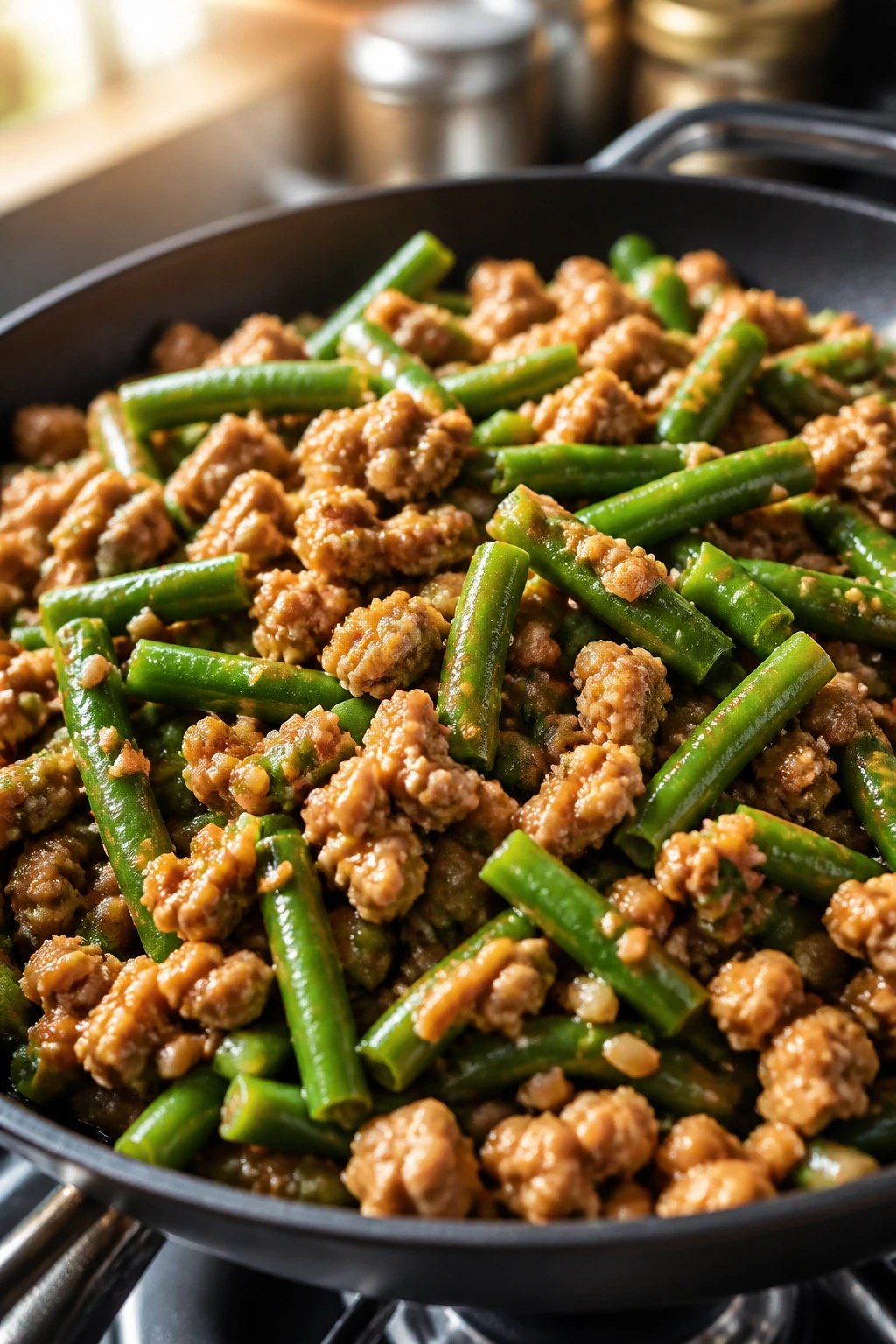 Close-up of turkey and green bean stir-fry in a glossy pan