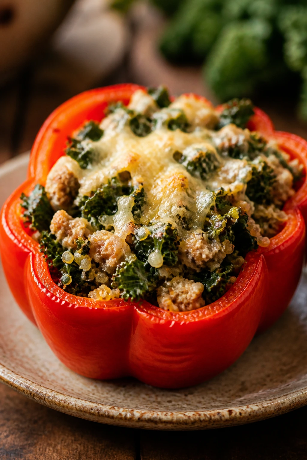 Close-up of a halved stuffed pepper with turkey kale quinoa filling.