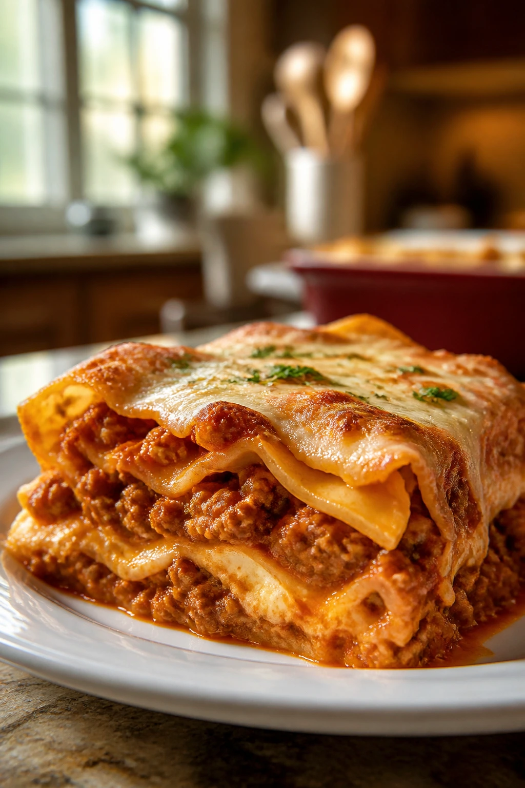 Close-up of a turkey bolognese lasagna plated slice with melted cheese