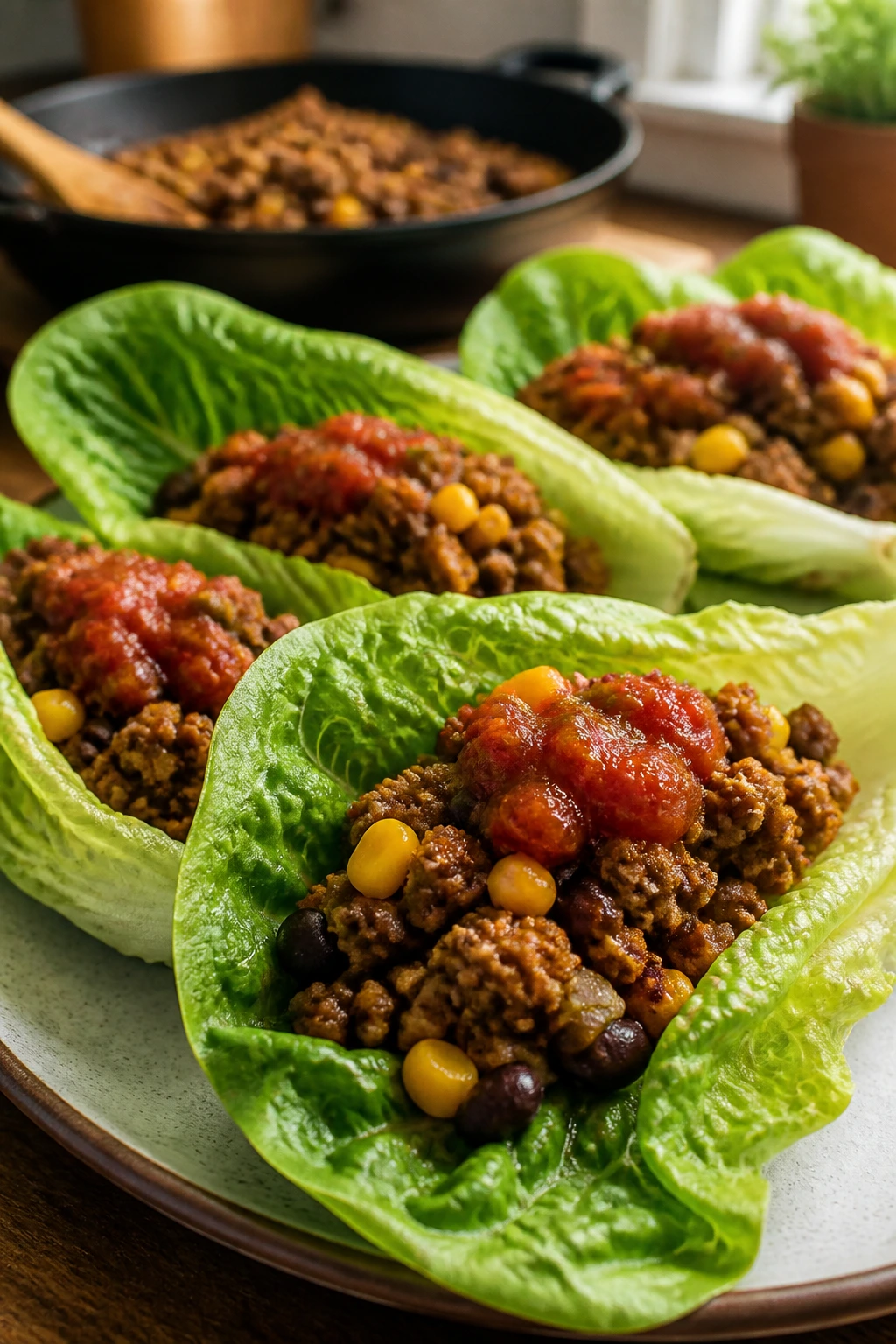 Close-up of turkey taco lettuce cups in a warm kitchen setting.