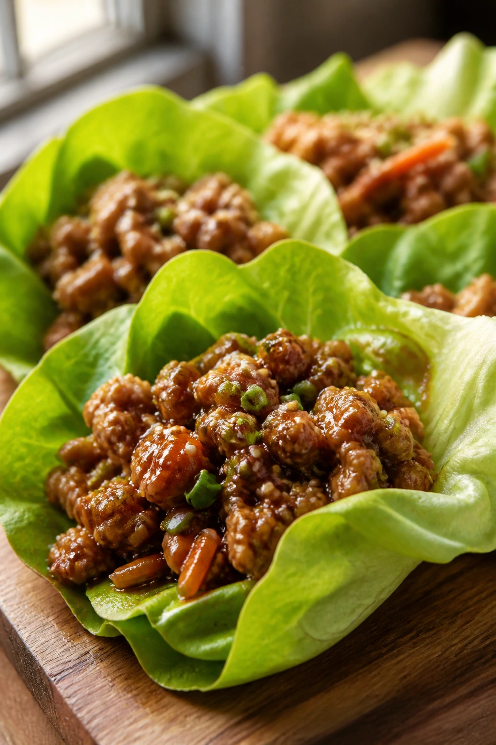 Close-up of turkey lettuce cups with ginger-sesame glaze in butter lettuce leaves