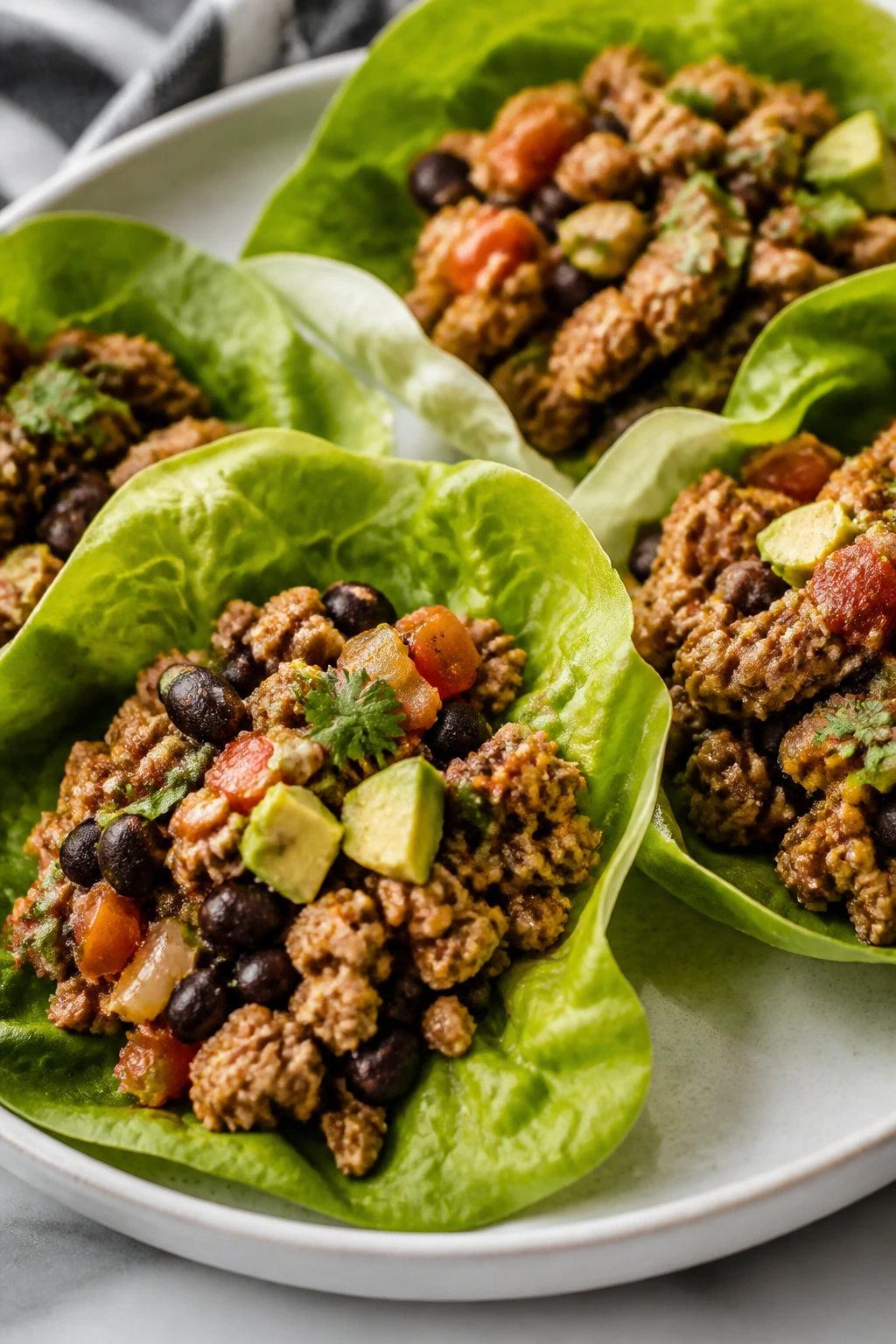 Close-up of lettuce wraps filled with turkey and black beans