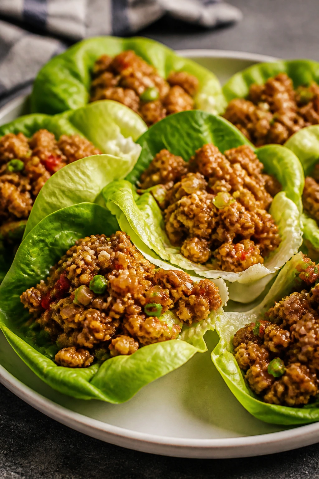 Lettuce wraps filled with turkey and vegetables in a close-up