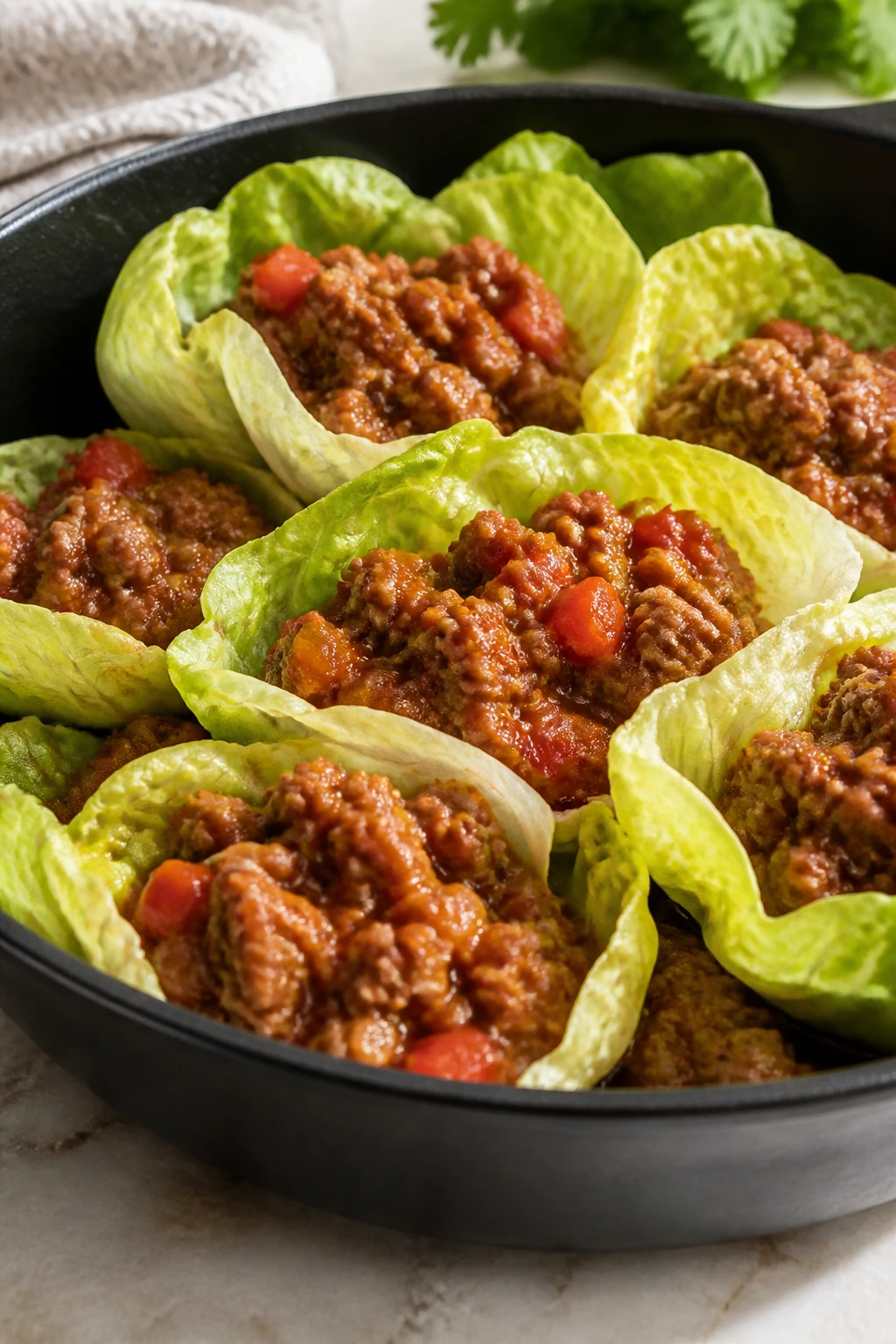 Turkey filling in lettuce wraps in a skillet