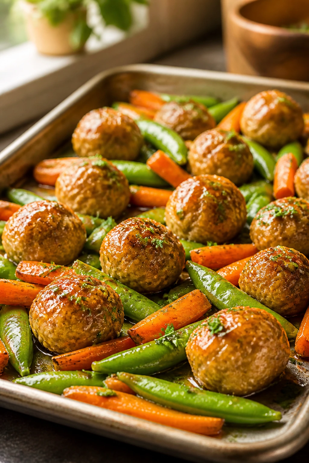 Close-up of Orange-Glazed Turkey Meatballs with Carrots and Snap Peas on sheet pan