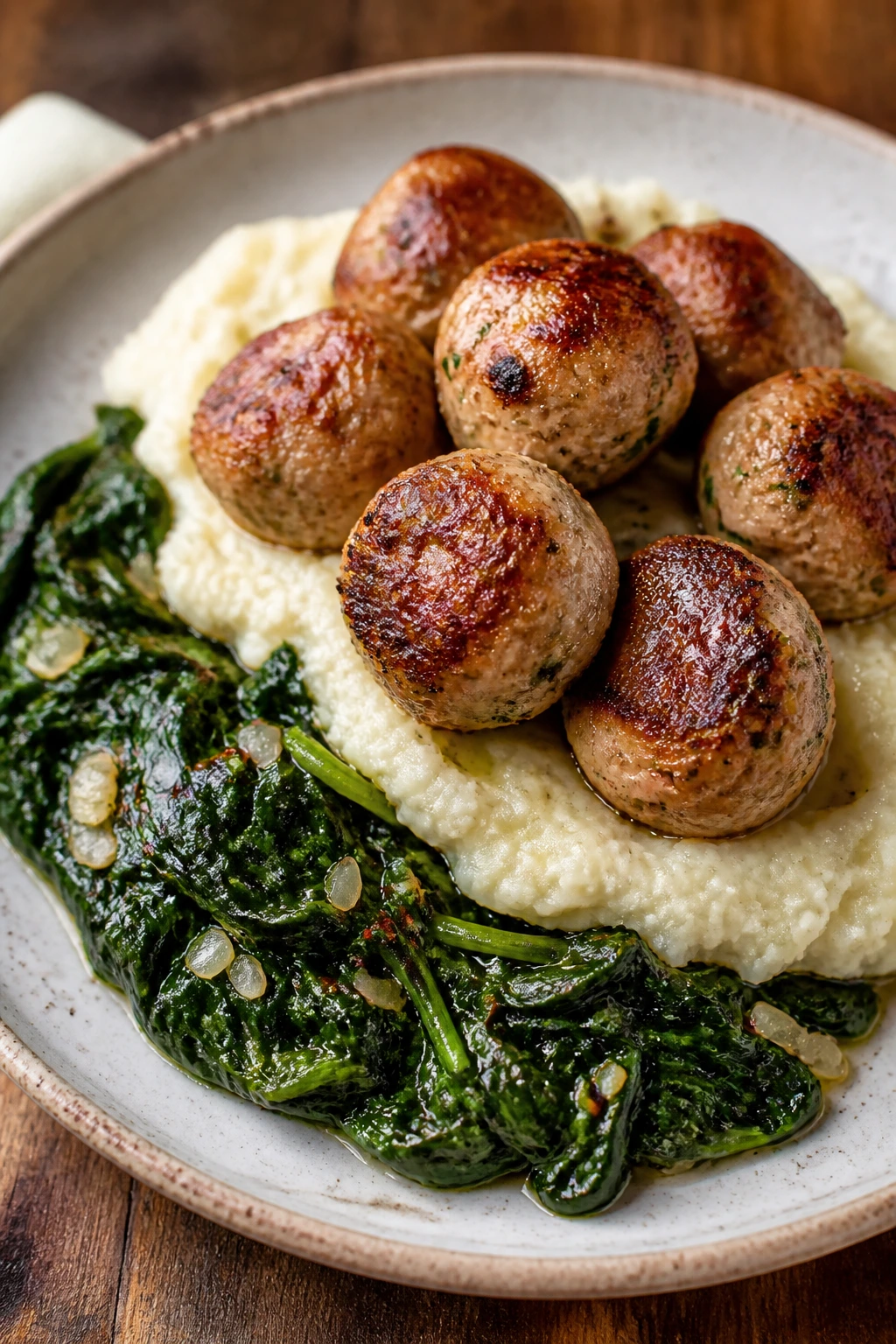 Close-up of turkey meatballs with cauliflower mash and garlic spinach on a plate