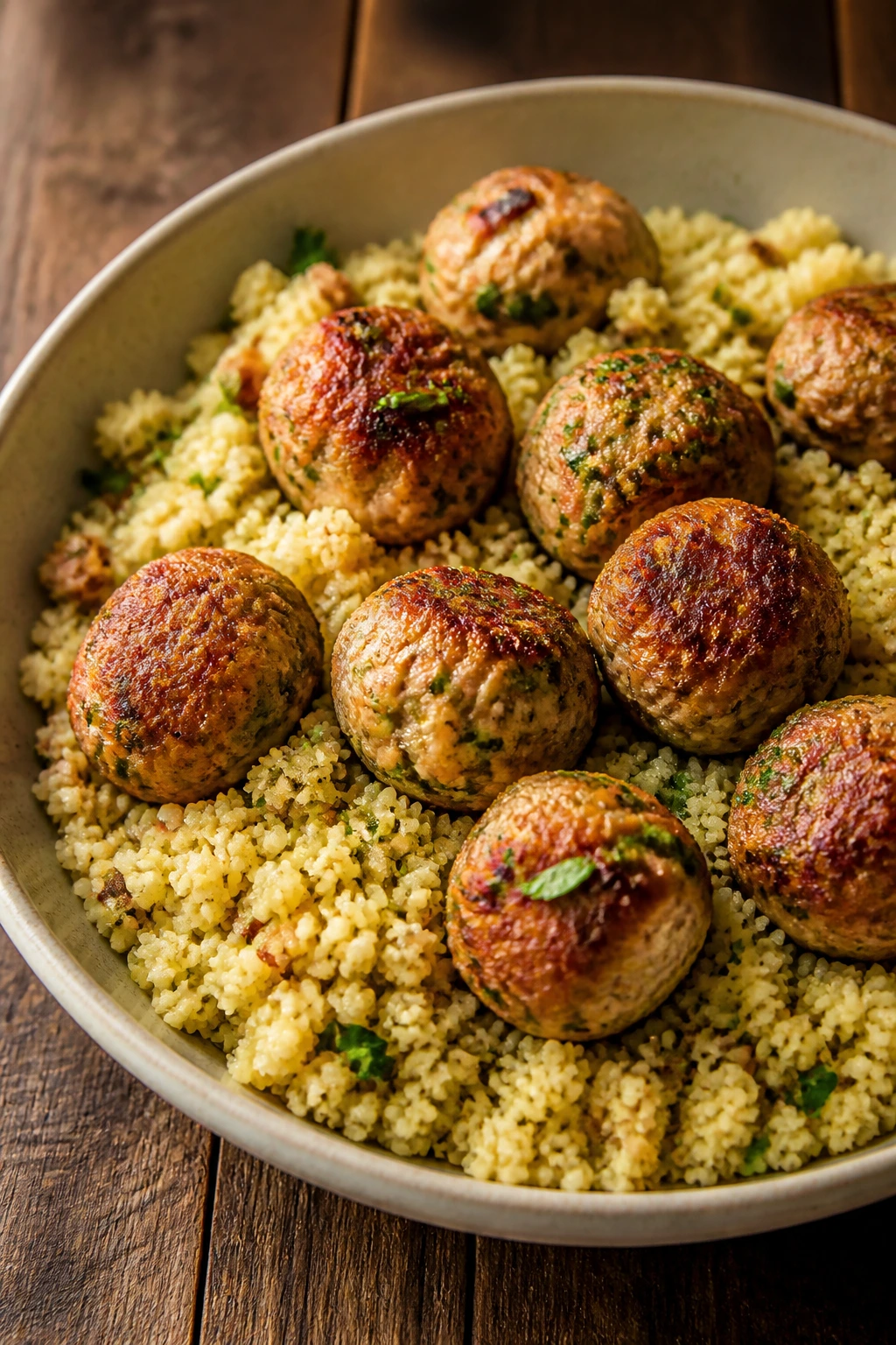 Close-up of turkey meatballs with garlicky couscous in a bowl on a wooden table