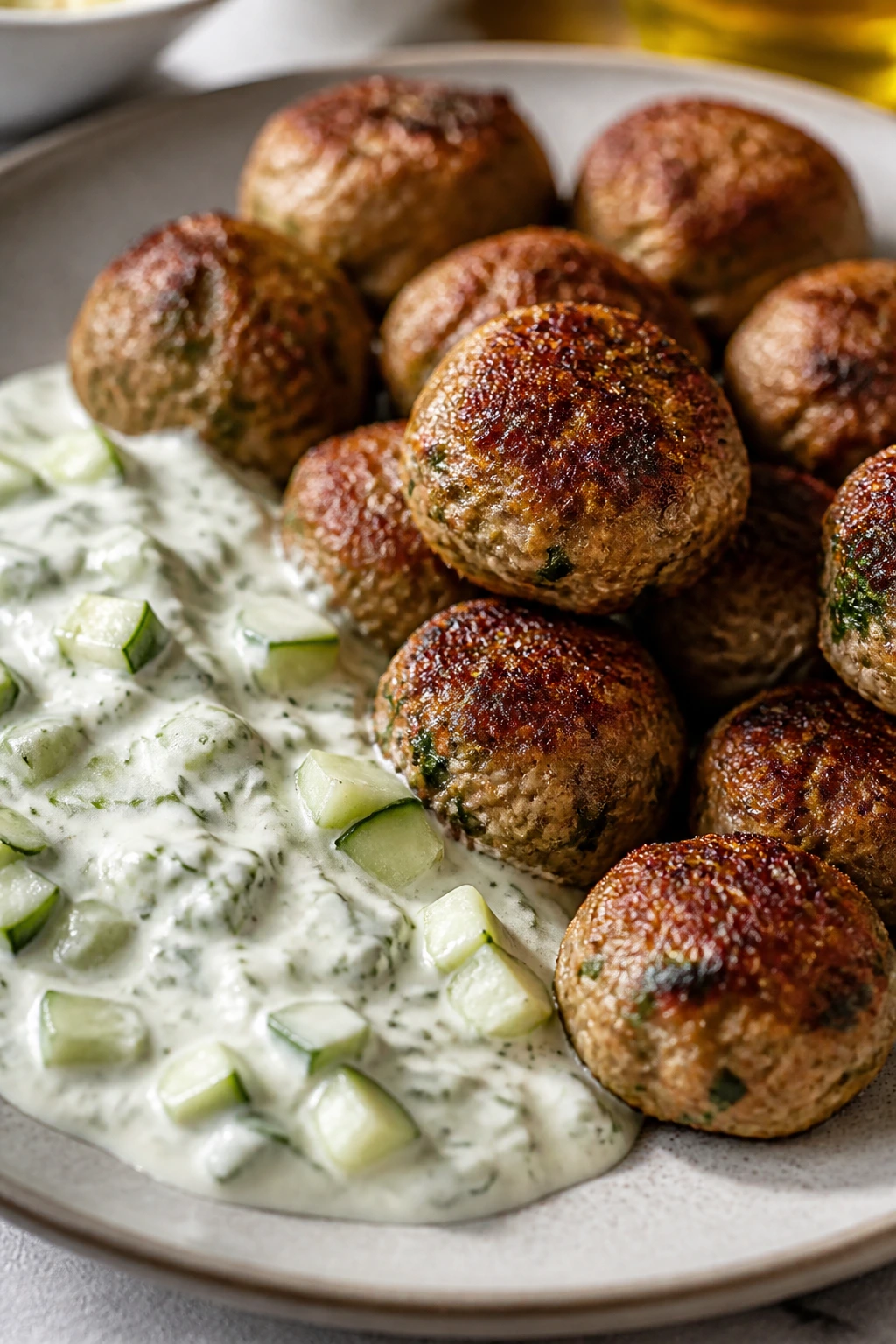 Greek turkey meatballs with cucumber yogurt sauce on plate