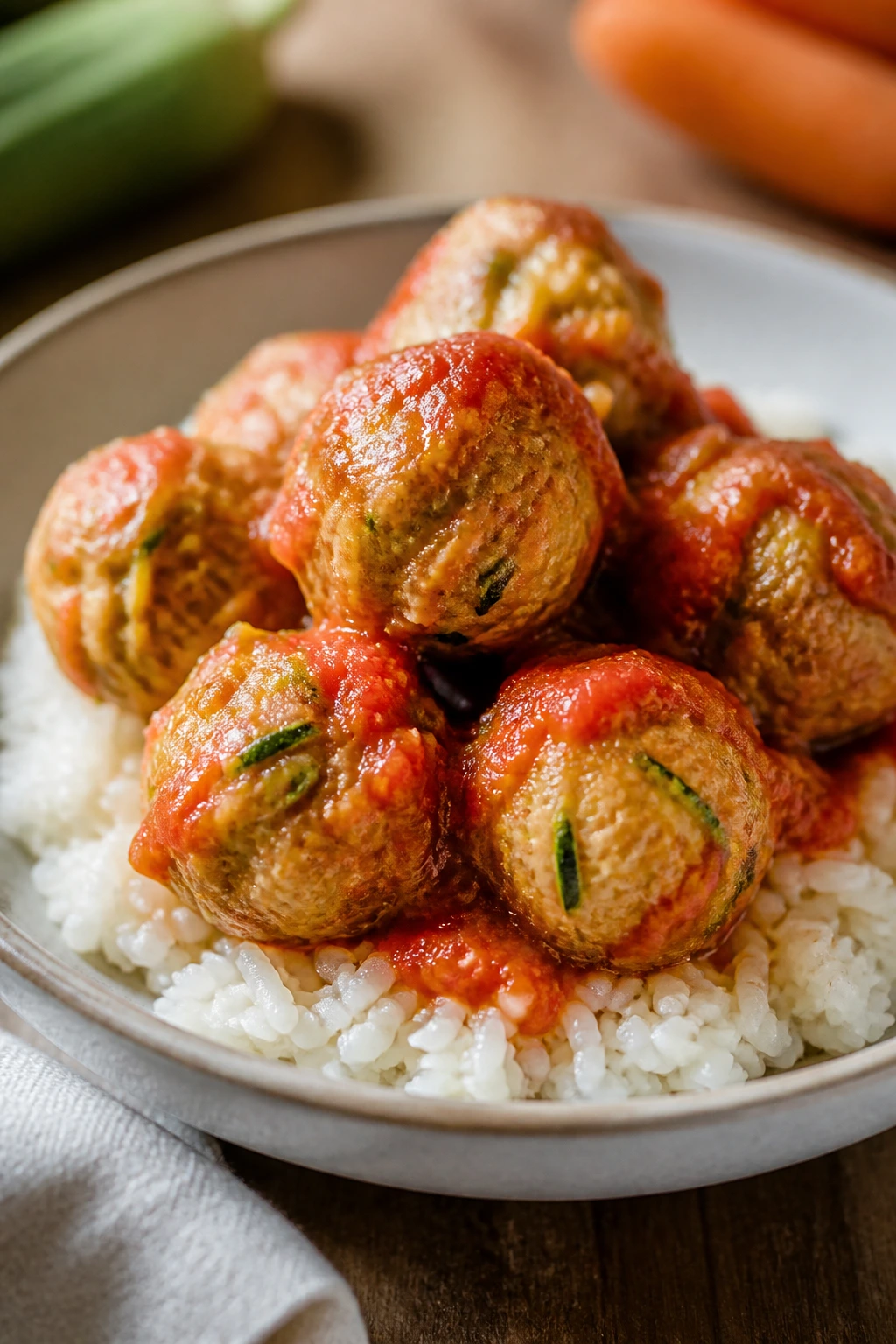 Close-up of turkey meatballs with hidden veggies on rice for toddlers