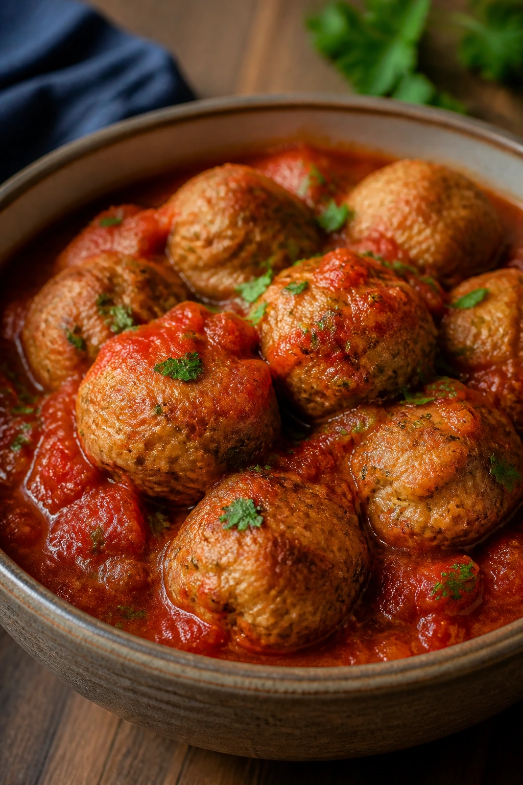 Close-up of turkey meatballs in marinara sauce in a rustic bowl