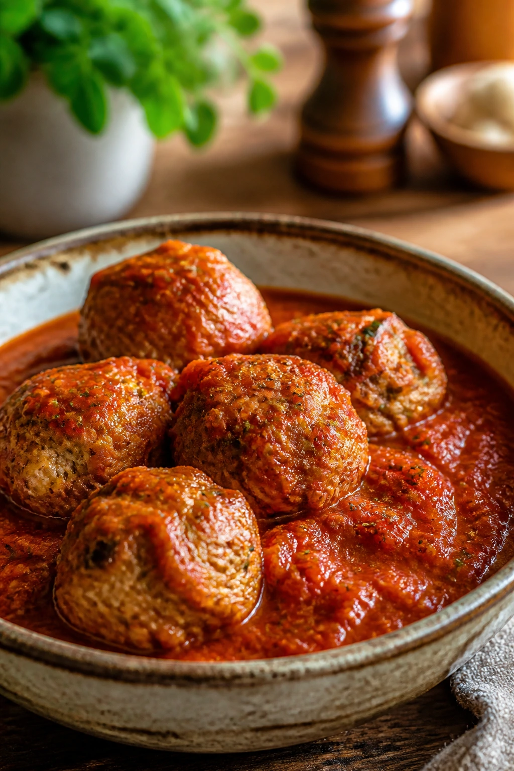 Close-up of turkey meatballs in marinara sauce in a rustic bowl