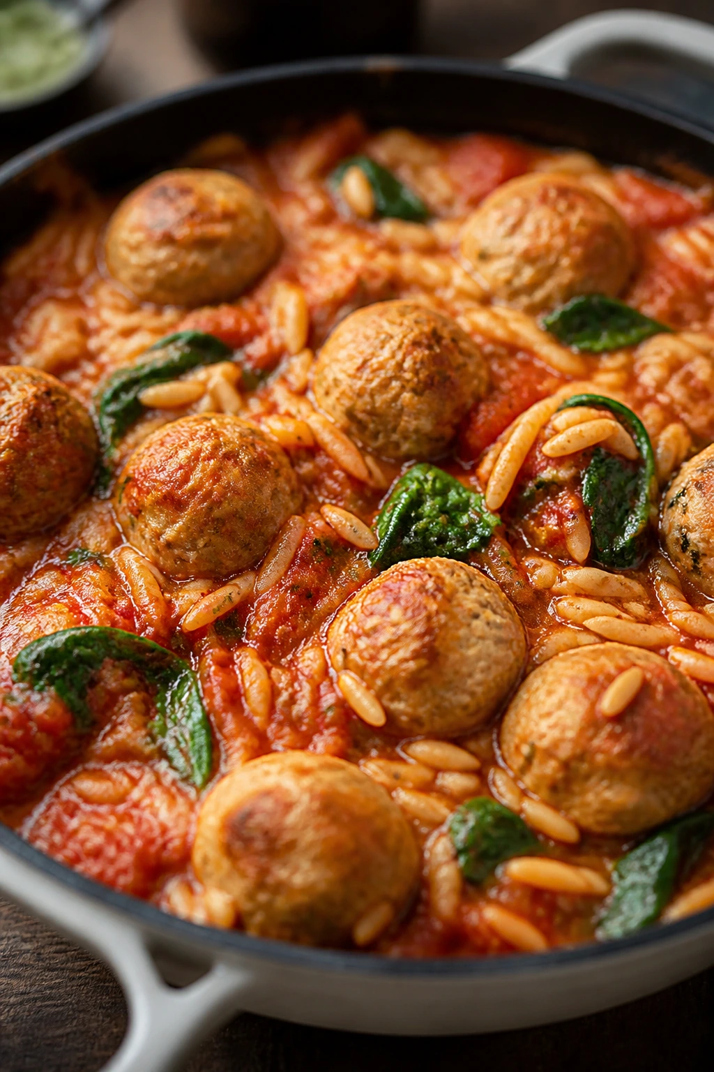 Close-up of turkey meatball orzo in marinara in a skillet