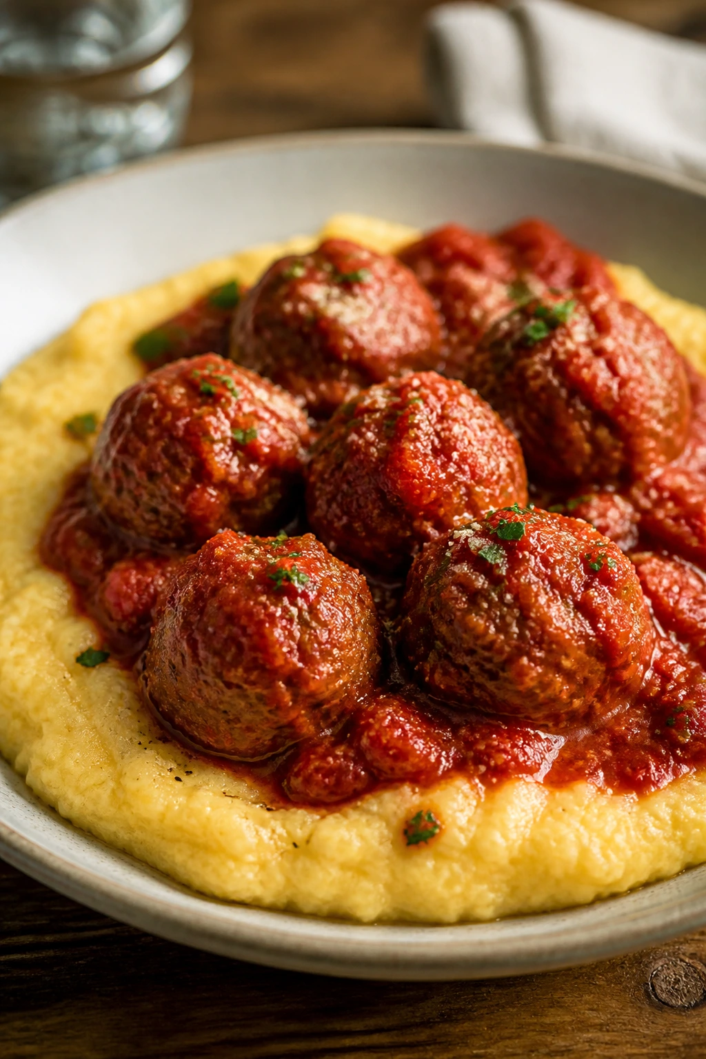 Close-up of turkey meatballs with marinara over polenta
