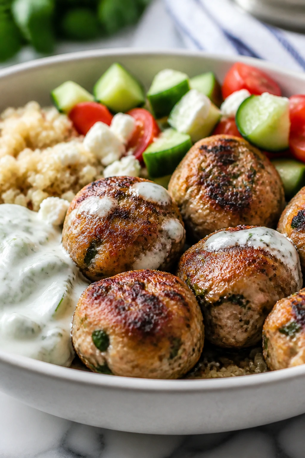 Close-up of meatballs in a bowl with quinoa and vegetables