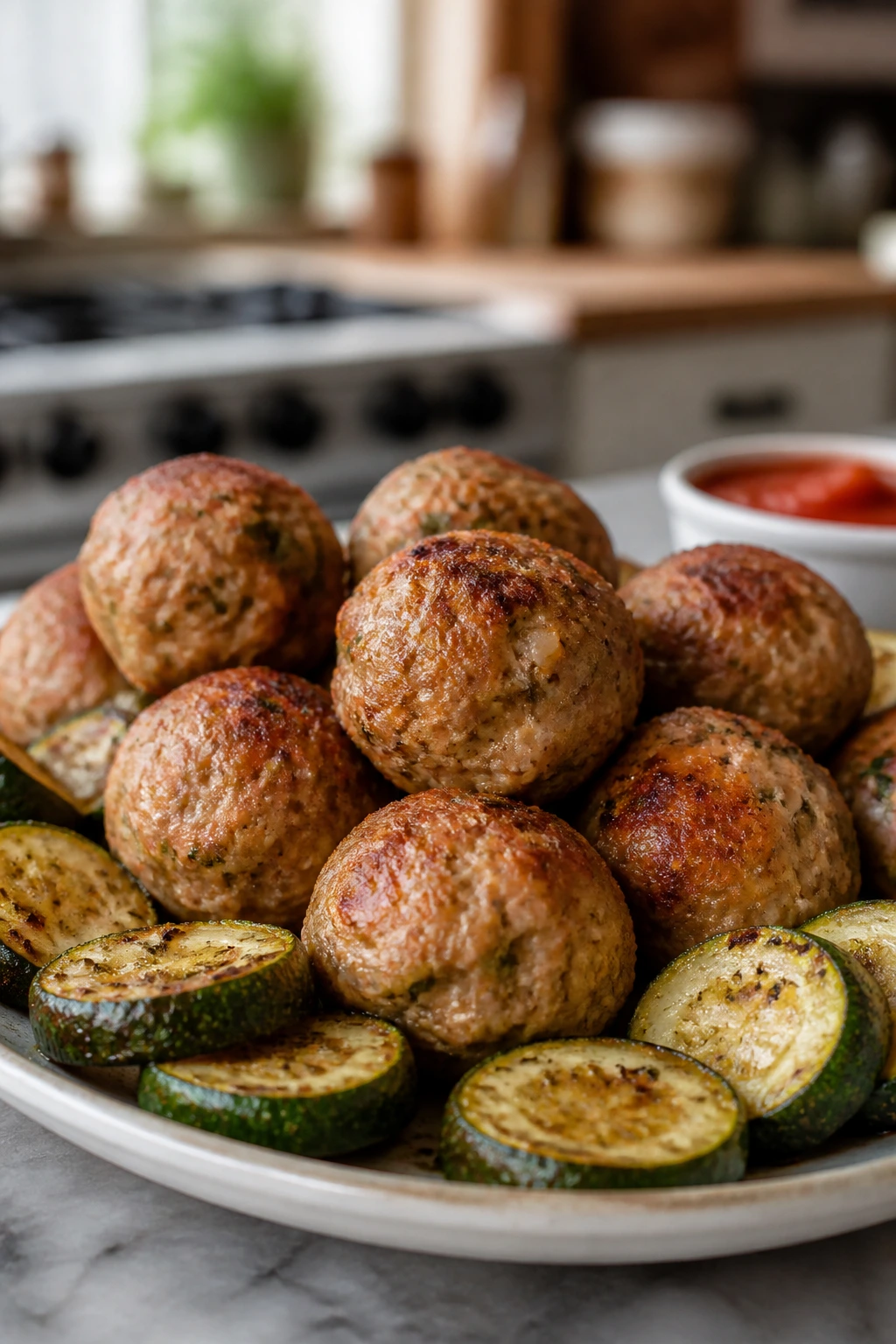 Garlic parmesan turkey meatballs with zucchini coins on plate